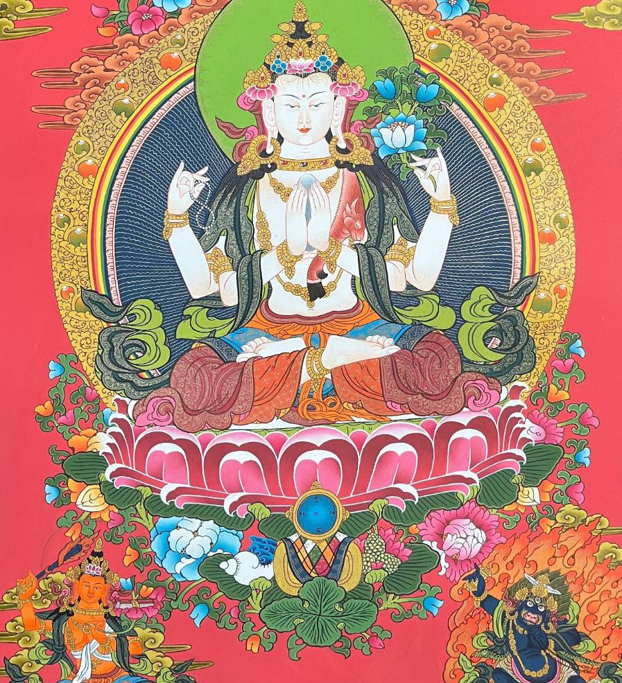 Chengrezi Thangka Painting with Red Background Manjushri and Bajrapani

