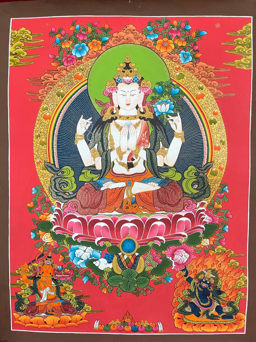 Chengrezi Thangka Painting with Red Background Manjushri and Bajrapani