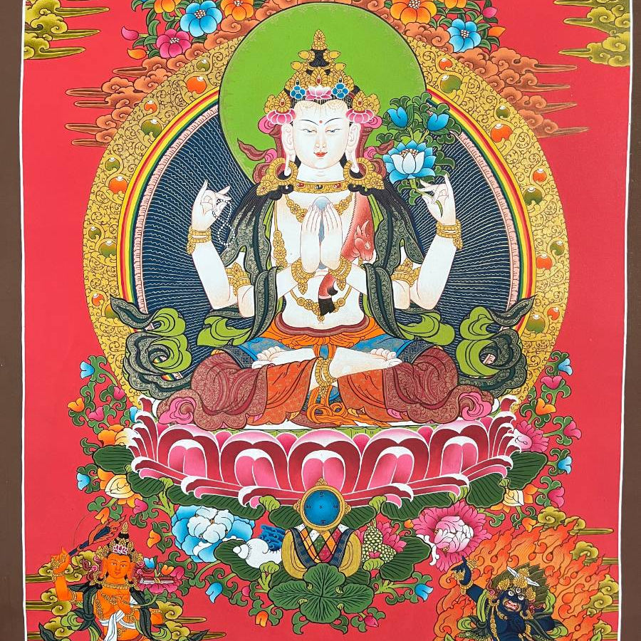 Chengrezi Thangka Painting with Red Background Manjushri and Bajrapani