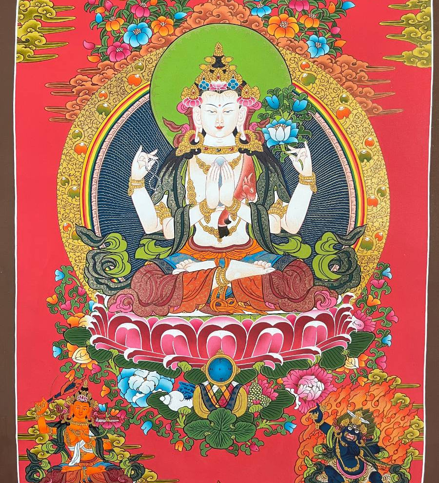 Chengrezi Thangka Painting with Red Background Manjushri and Bajrapani