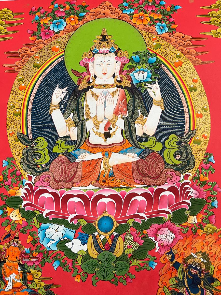 Chengrezi Thangka Painting with Red Background Manjushri and Bajrapani