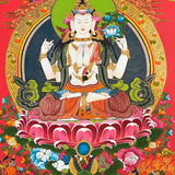 Chengrezi Thangka Painting with Red Background Manjushri and Bajrapani