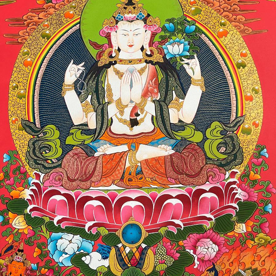 Chengrezi Thangka Painting with Red Background Manjushri and Bajrapani