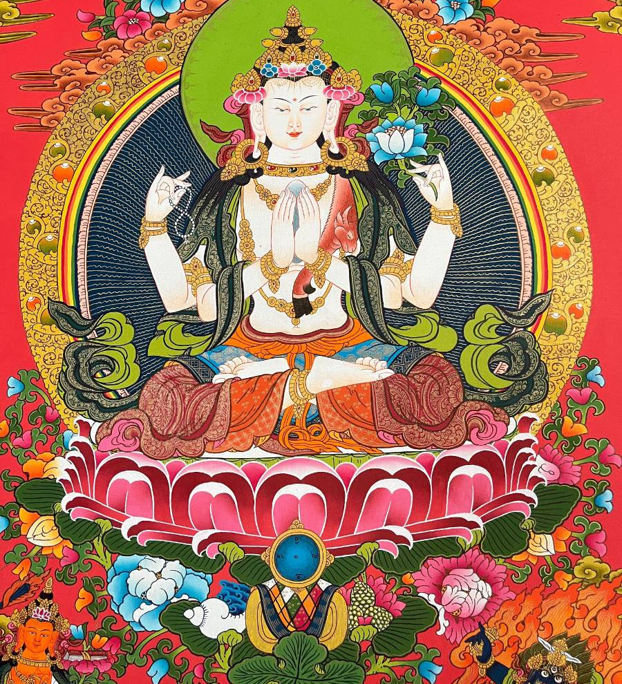 Chengrezi Thangka Painting with Red Background Manjushri and Bajrapani