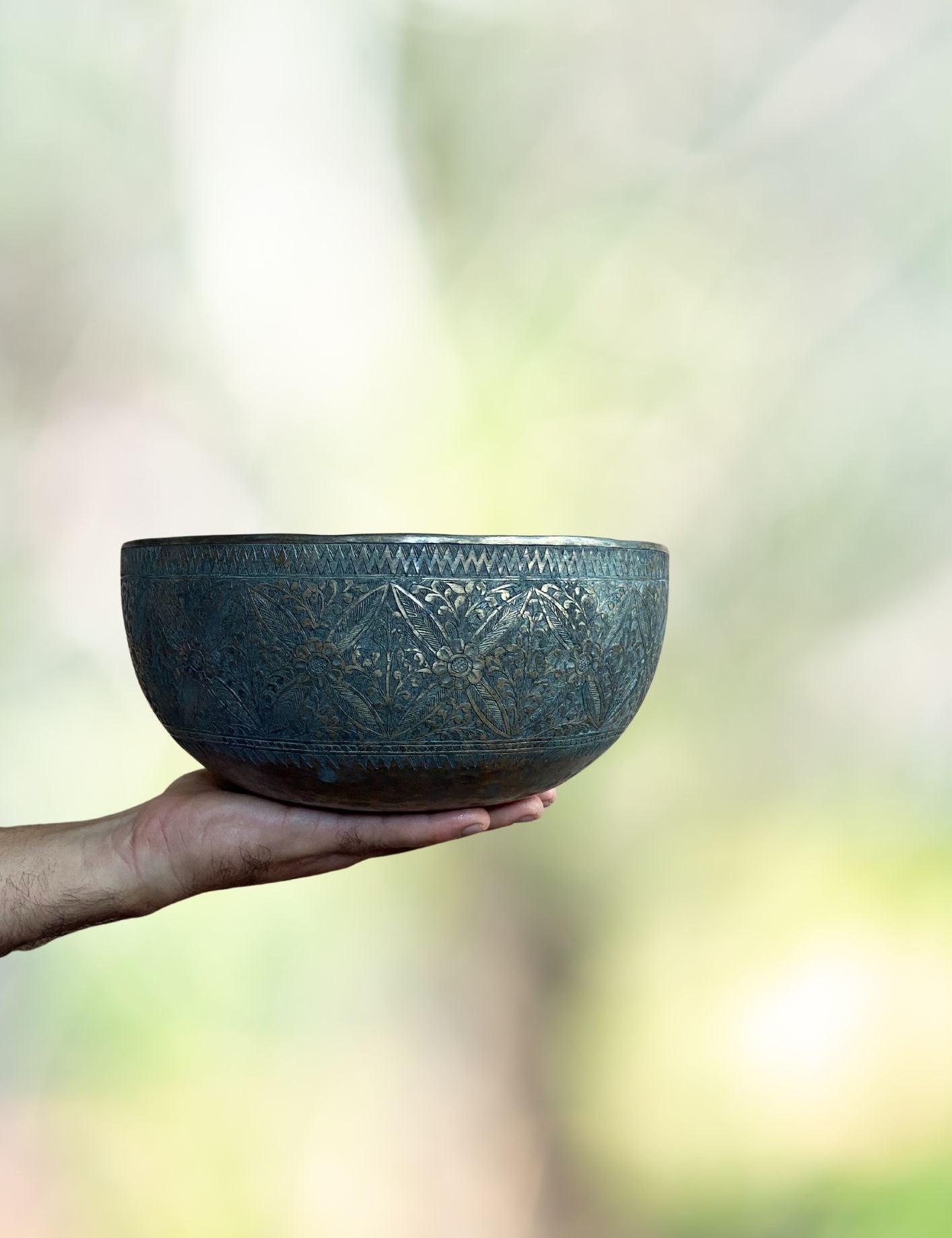 Vintage Flower Carved Singing Bowl for sound therapy.