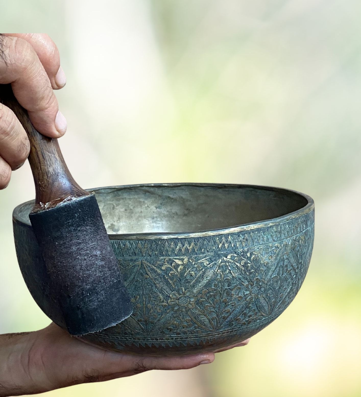 Vintage Flower Carved Singing Bowl for sound therapy.