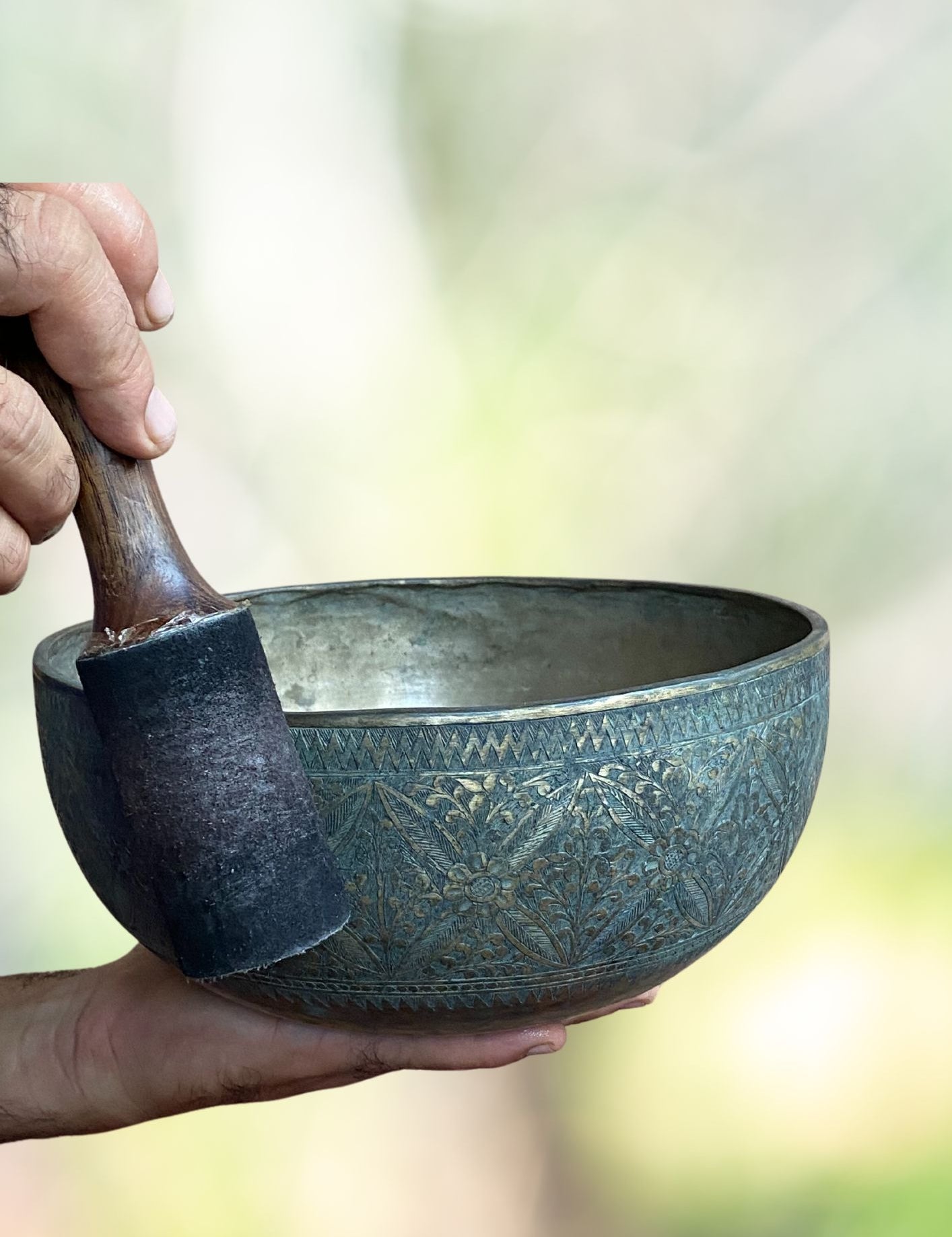 Vintage Flower Carved Singing Bowl for sound therapy.