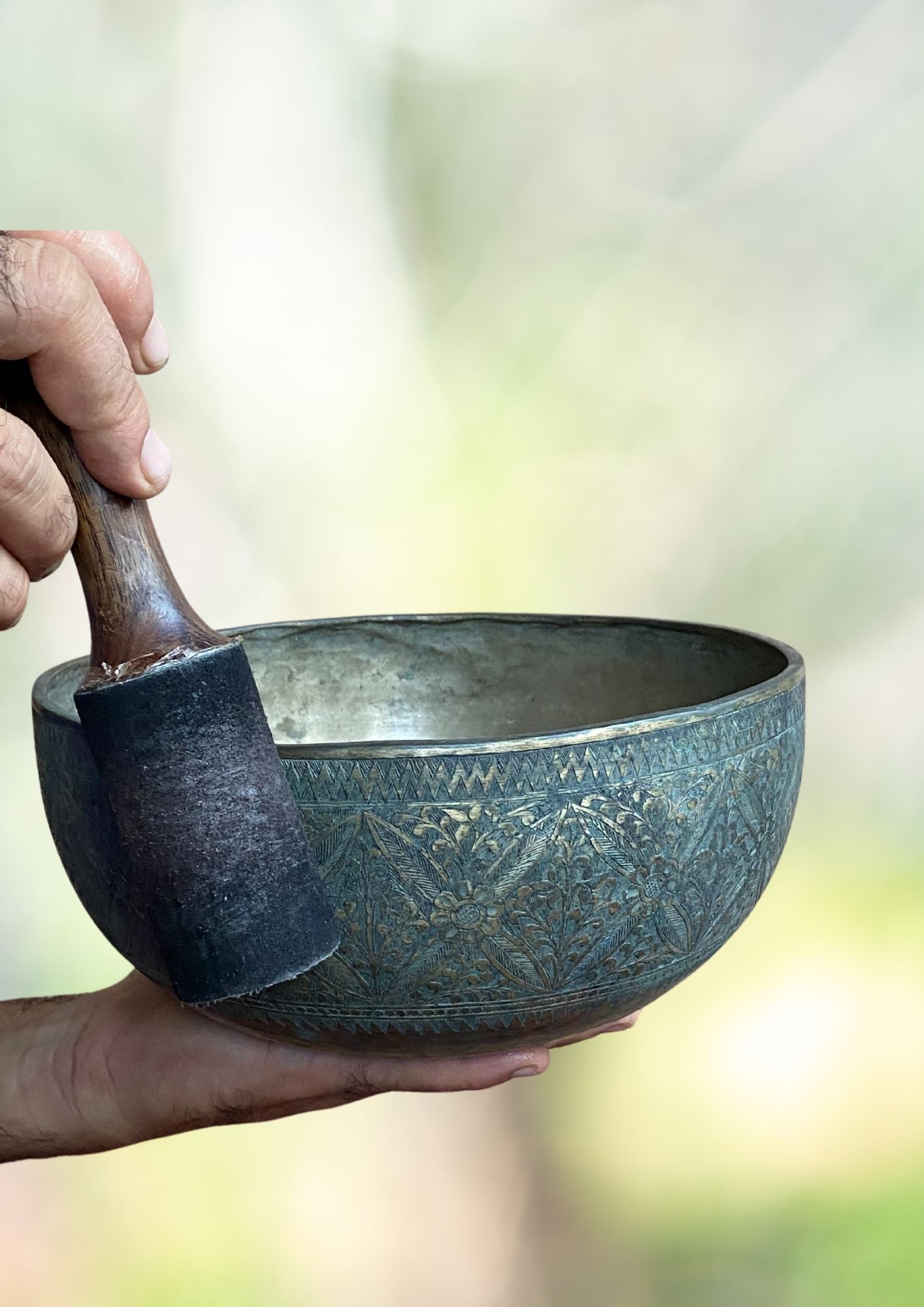 Vintage Flower Carved Singing Bowl for sound therapy.