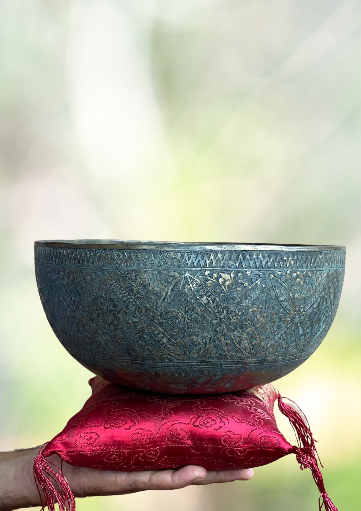 Vintage Flower Carved Singing Bowl for sound therapy.