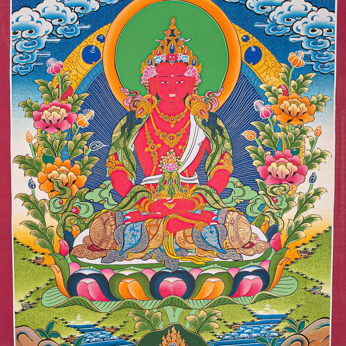 Amitayus Buddha Thangka painting- Red Buddha with Crown