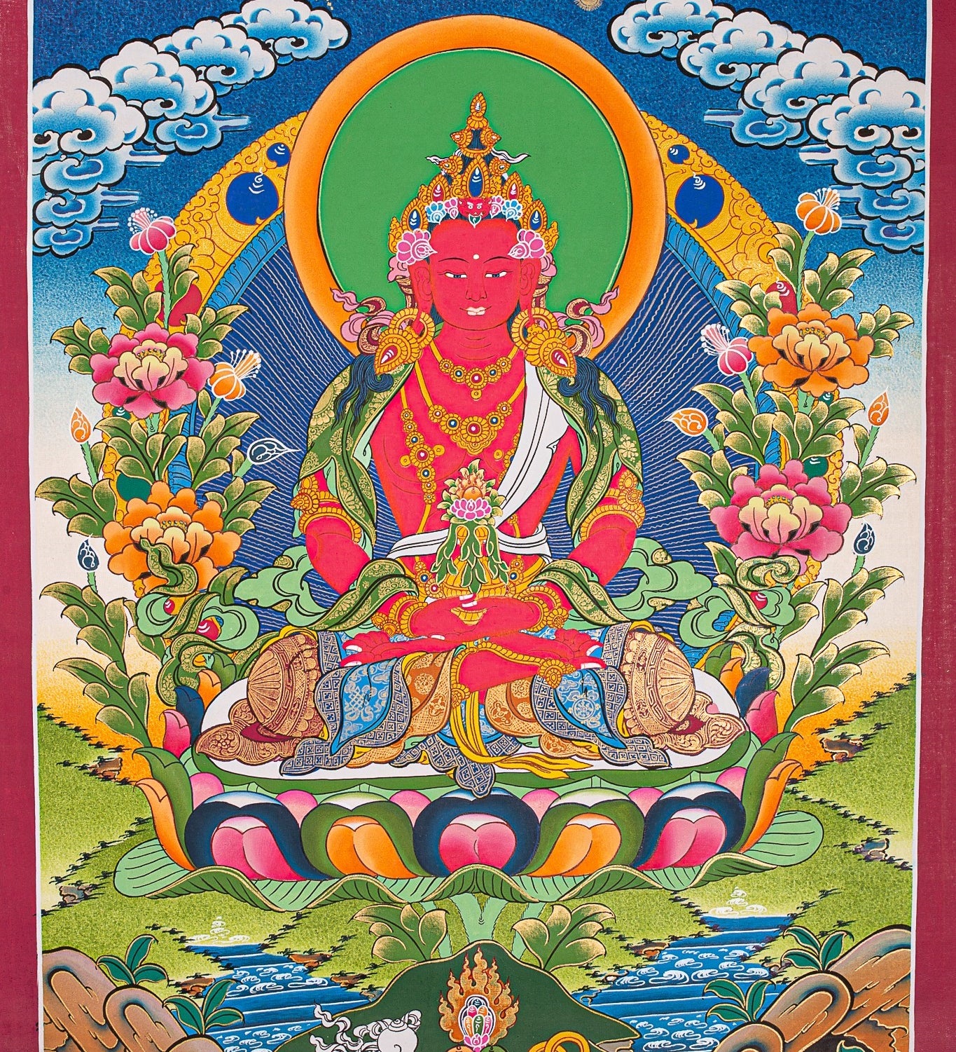 Amitayus Buddha Thangka painting- Red Buddha with Crown