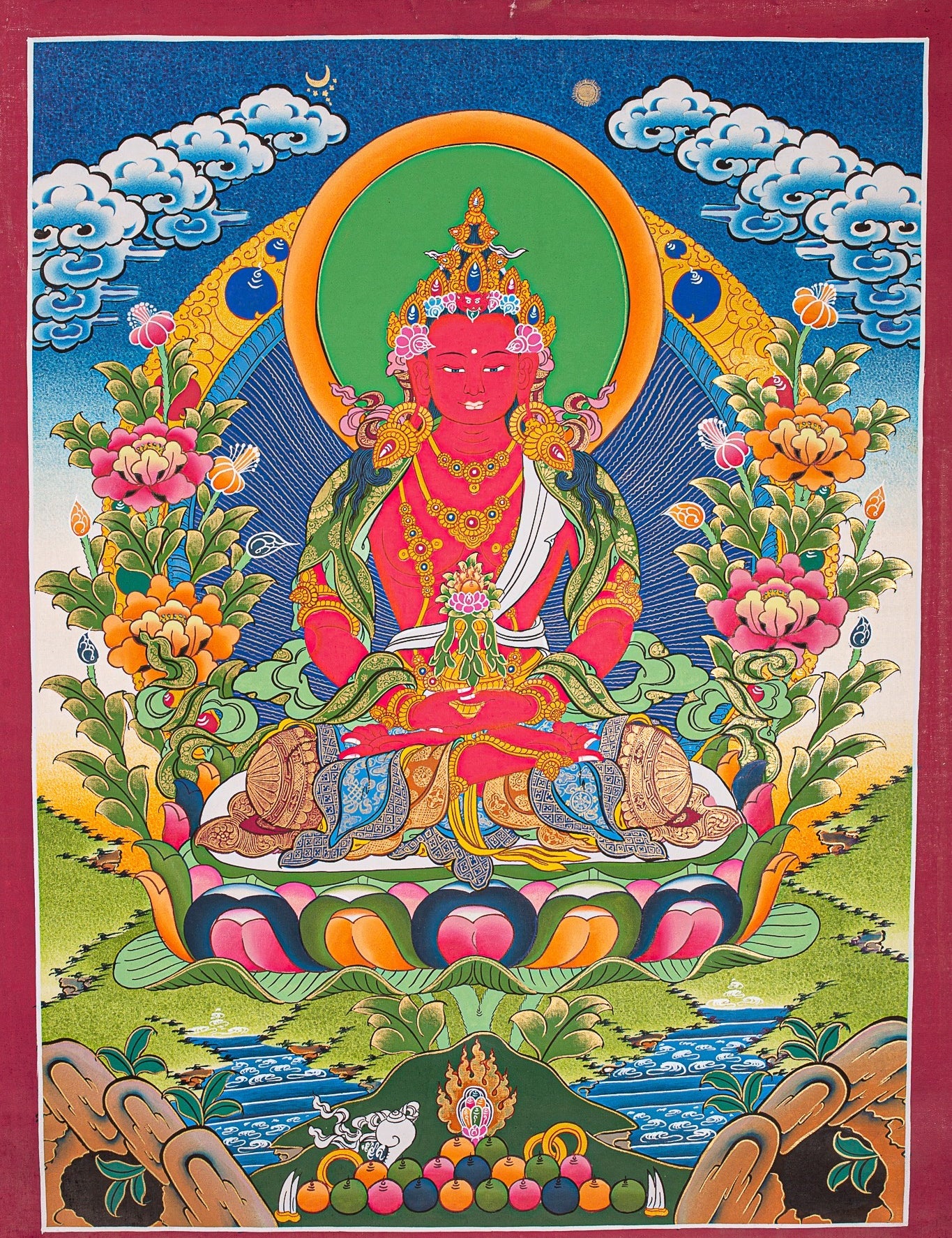 Amitayus Buddha Thangka painting- Red Buddha with Crown