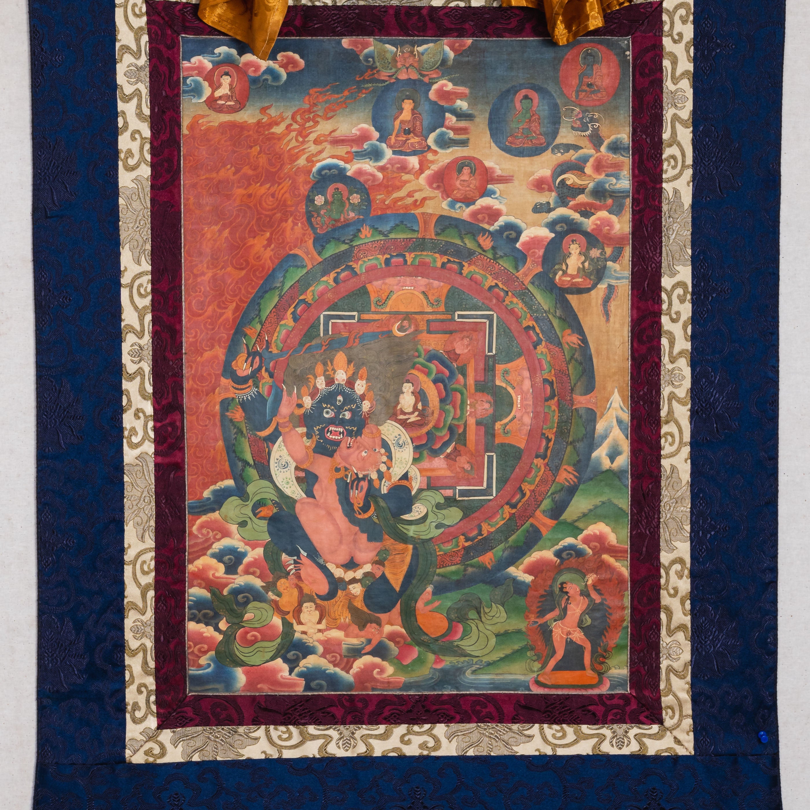 Antique Vajrakaya Brocade Thangka for spirituality.