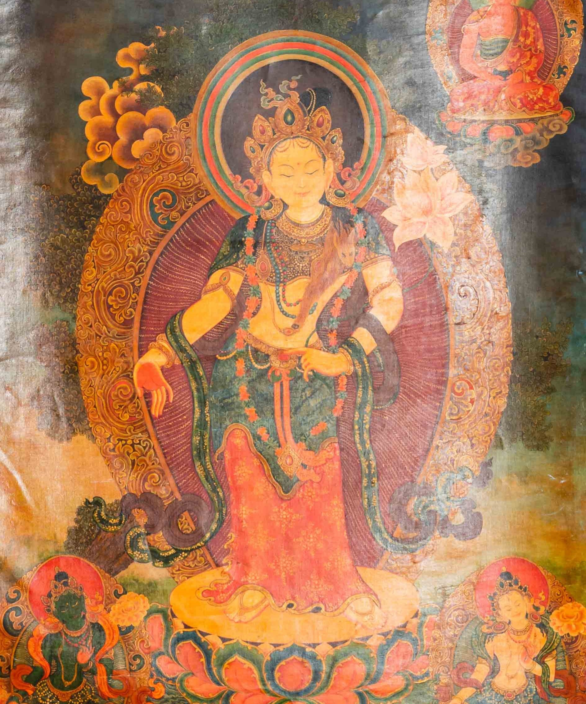 Antique Avalokiteshvara Thangka for meditation.