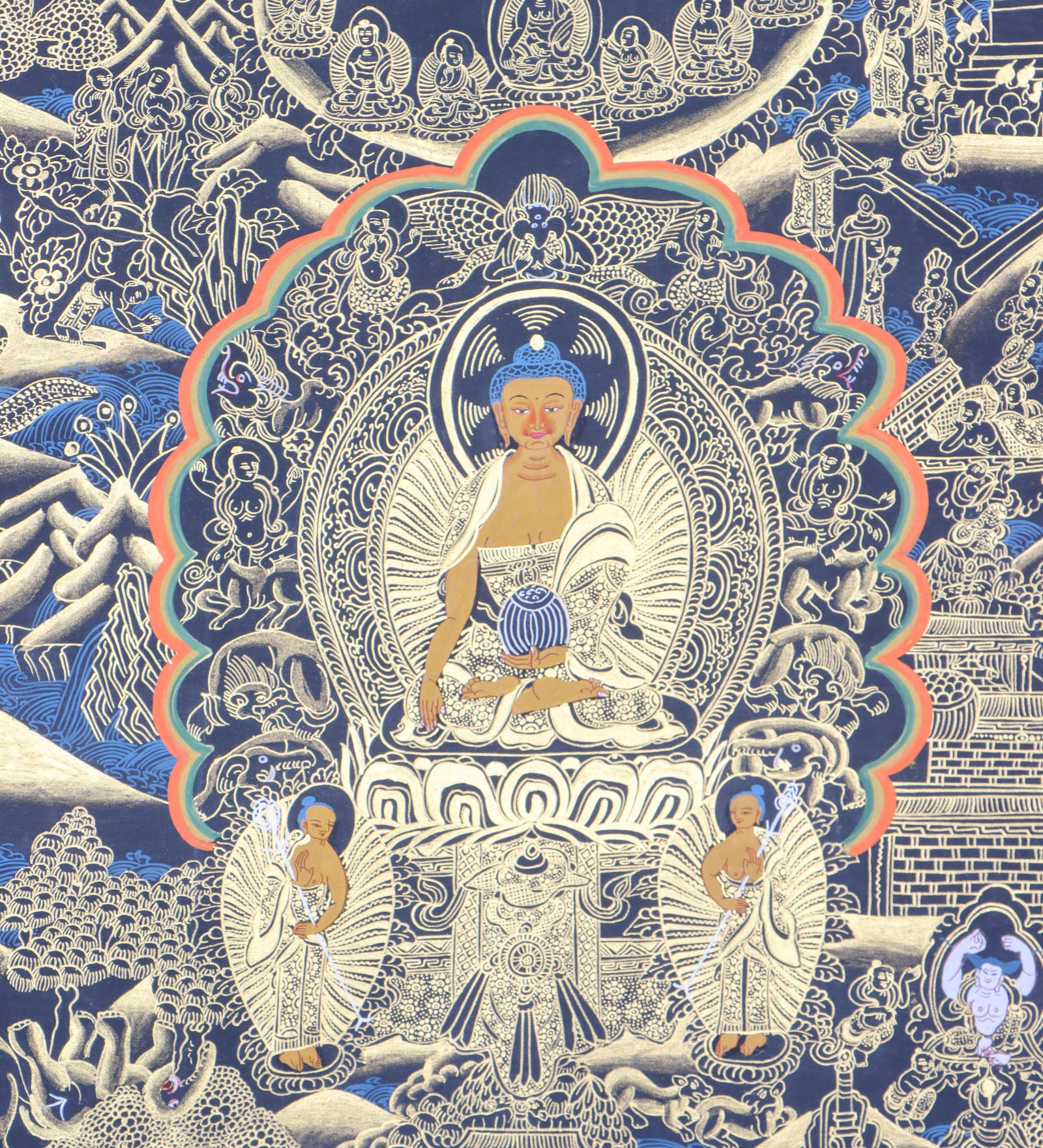 The Buddha Life Thangka represents the essence of the Buddha's life tale.