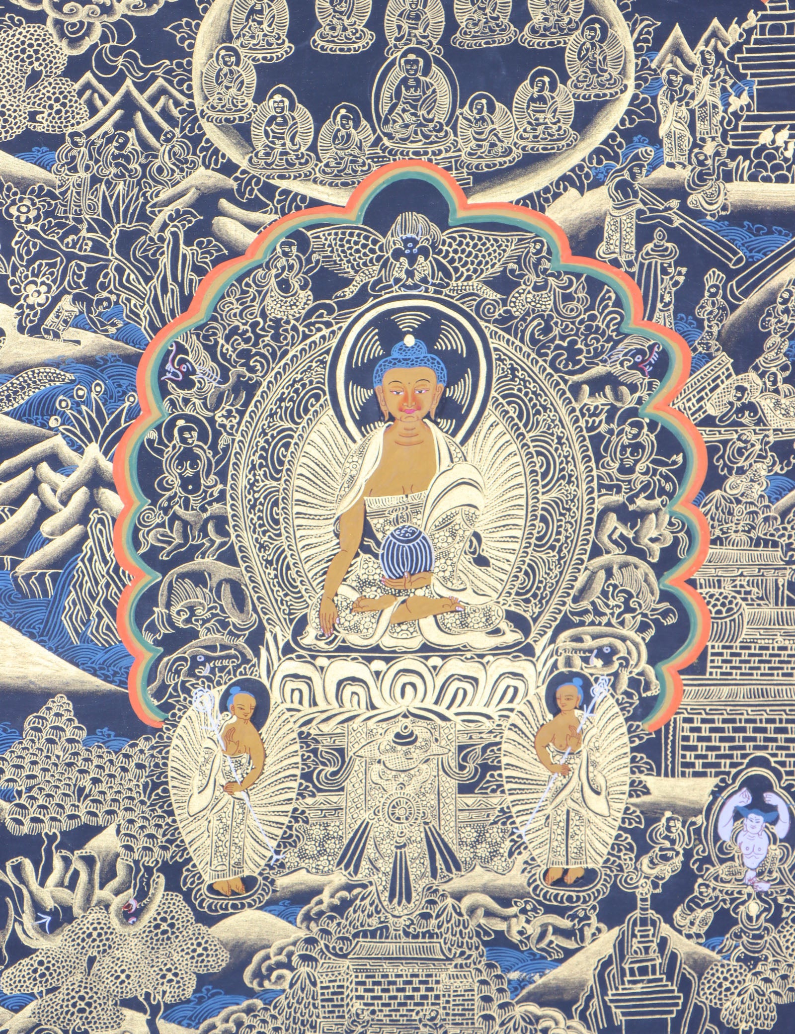 The Buddha Life Thangka represents the essence of the Buddha's life tale.