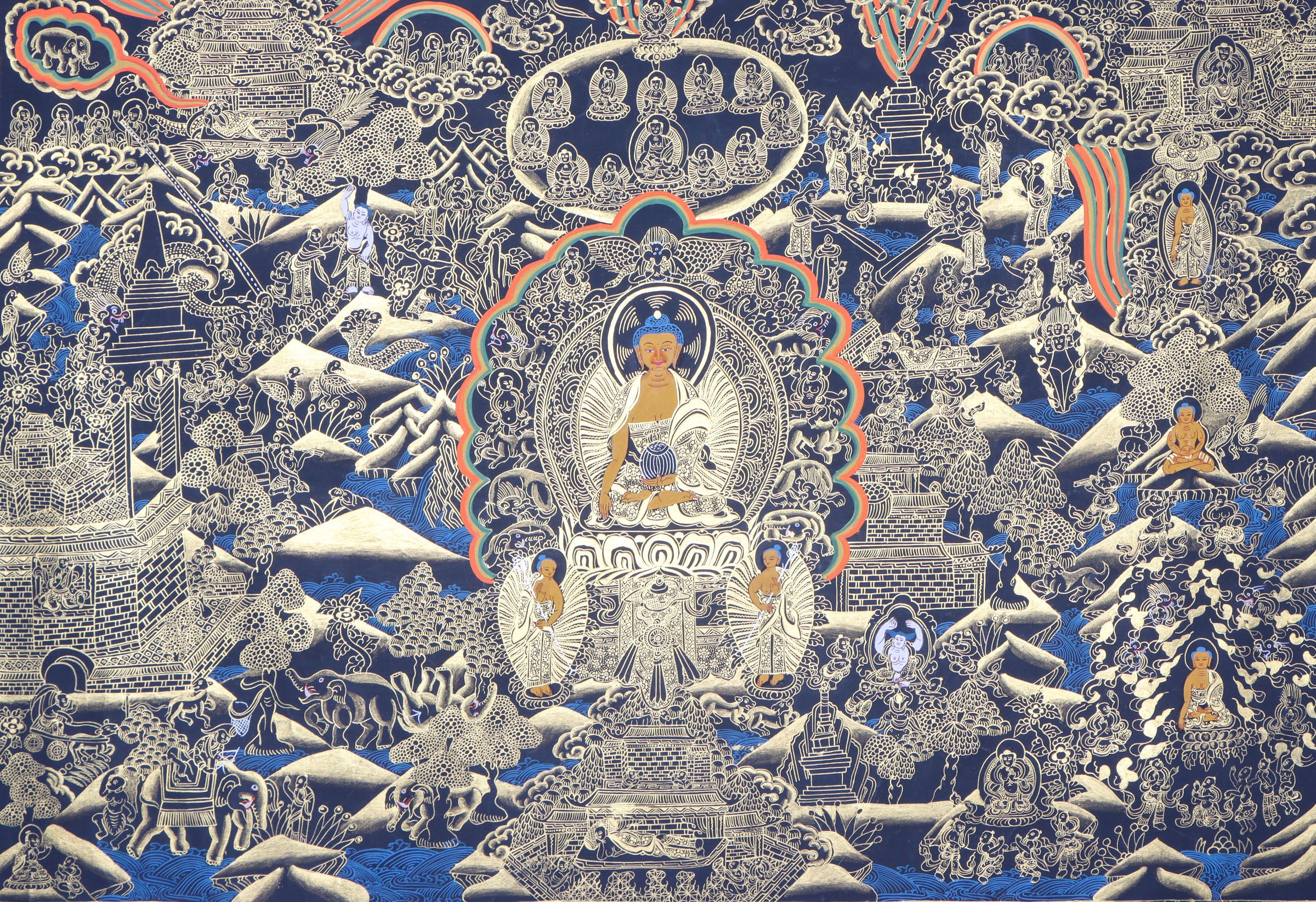 The Buddha Life Thangka represents the essence of the Buddha's life tale.