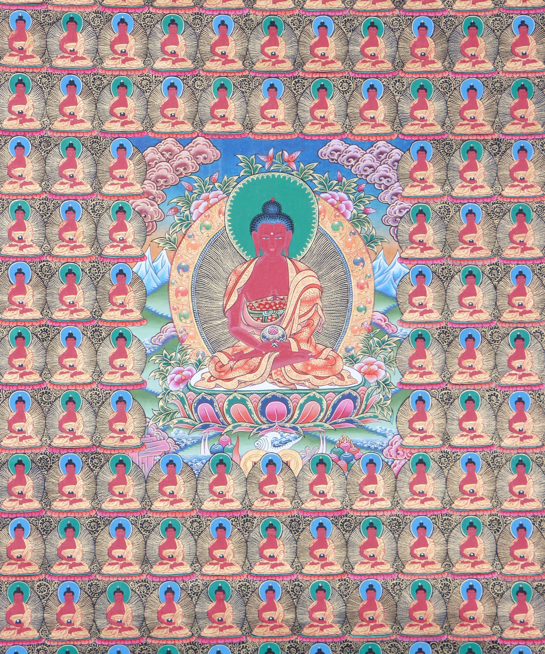 108 Buddha Thangka is an effective visual aid for meditation, contemplation, and devotion.