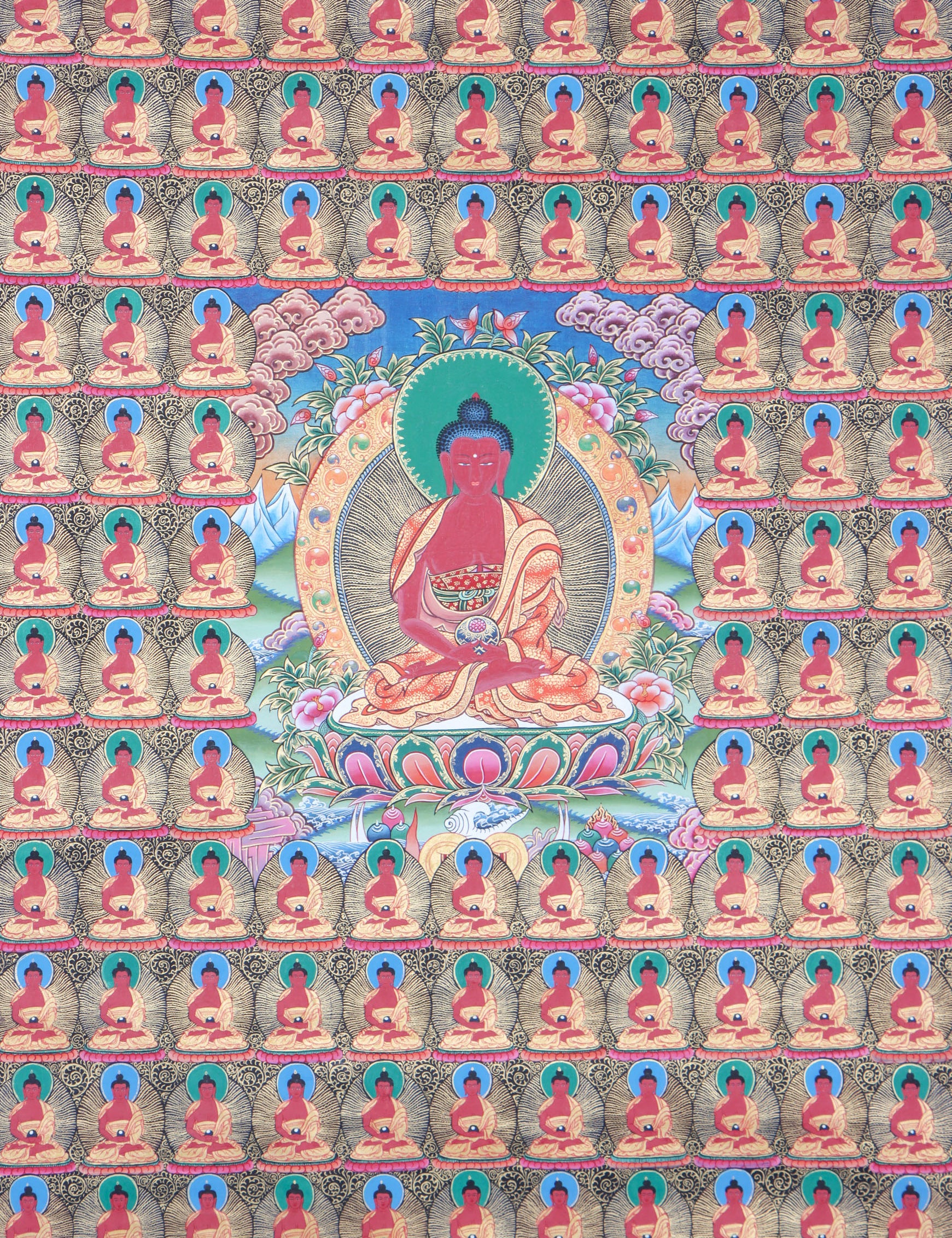 108 Buddha Thangka is an effective visual aid for meditation, contemplation, and devotion.