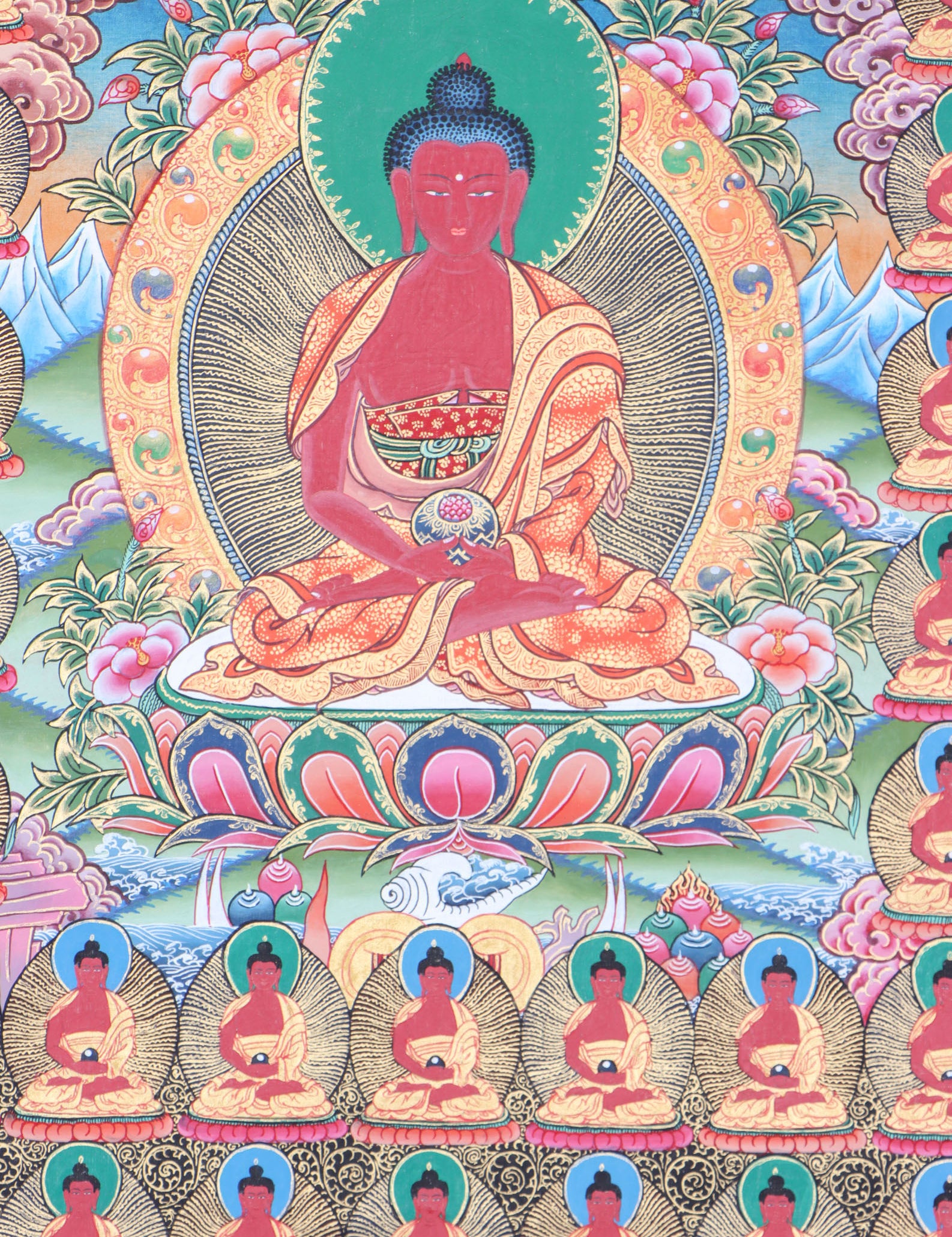 108 Buddha Thangka is an effective visual aid for meditation, contemplation, and devotion.