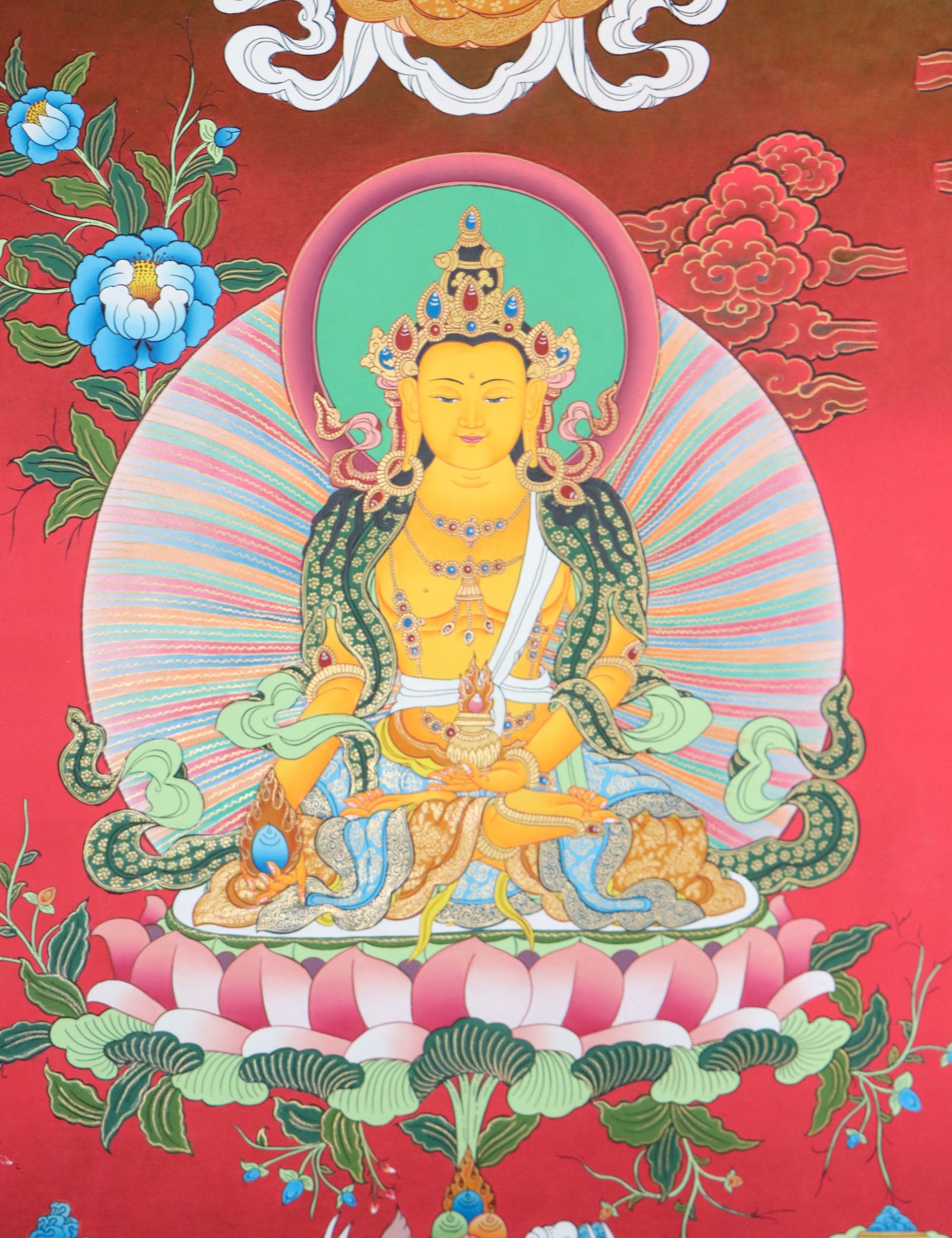 Crown Buddha Thangka is a strong visual aid for meditation and contemplation, enabling people to expand their knowledge of the Buddha's teachings.