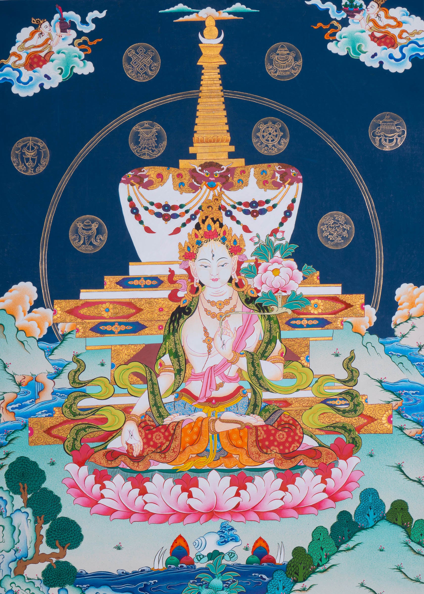 Handpainted White Tara (Stupa) Thangka - Tibetan Art