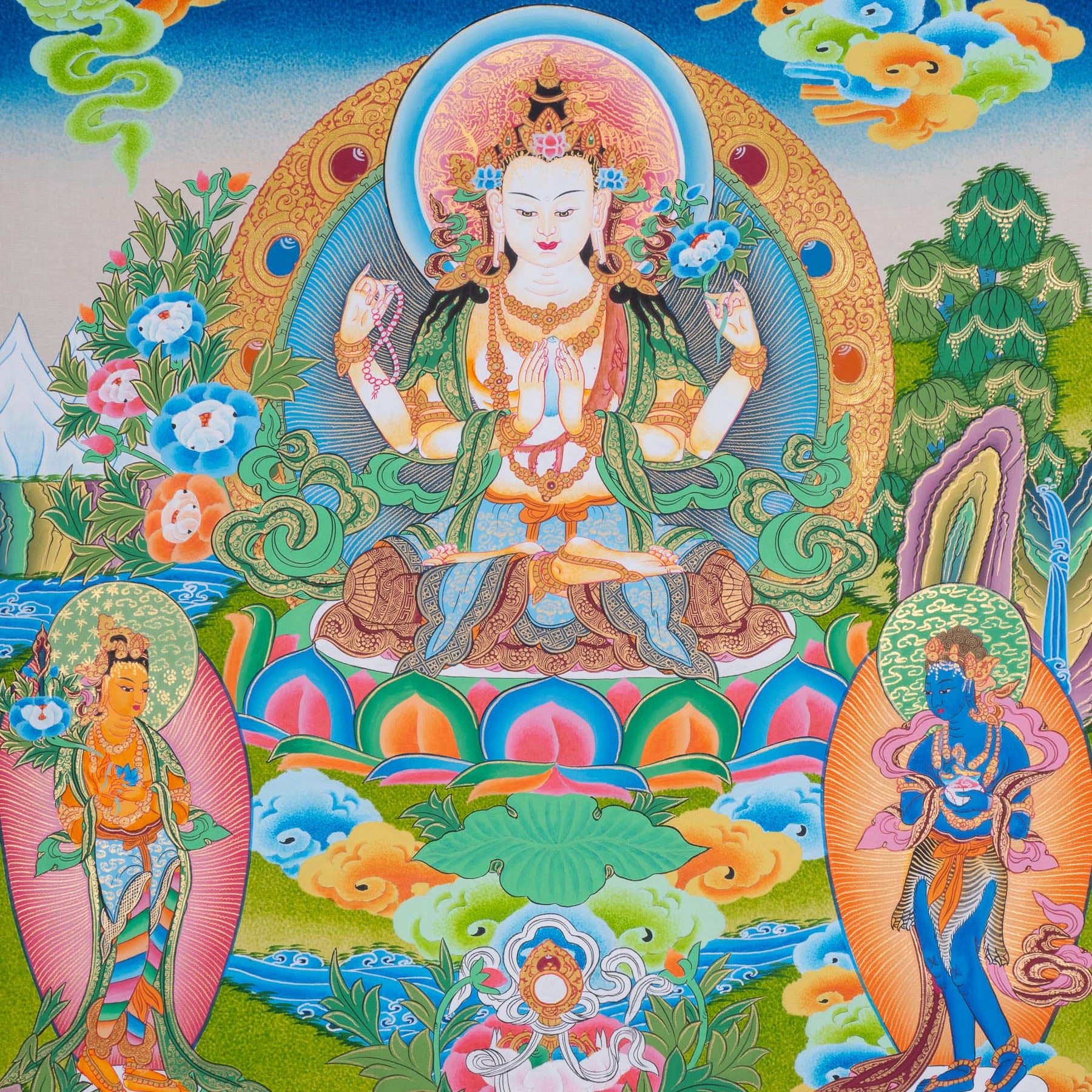 Chenrezig Thangka Painting with two deities