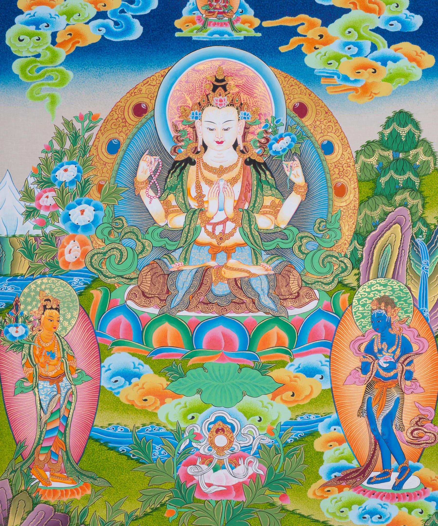 Chenrezig Thangka Painting with two deities