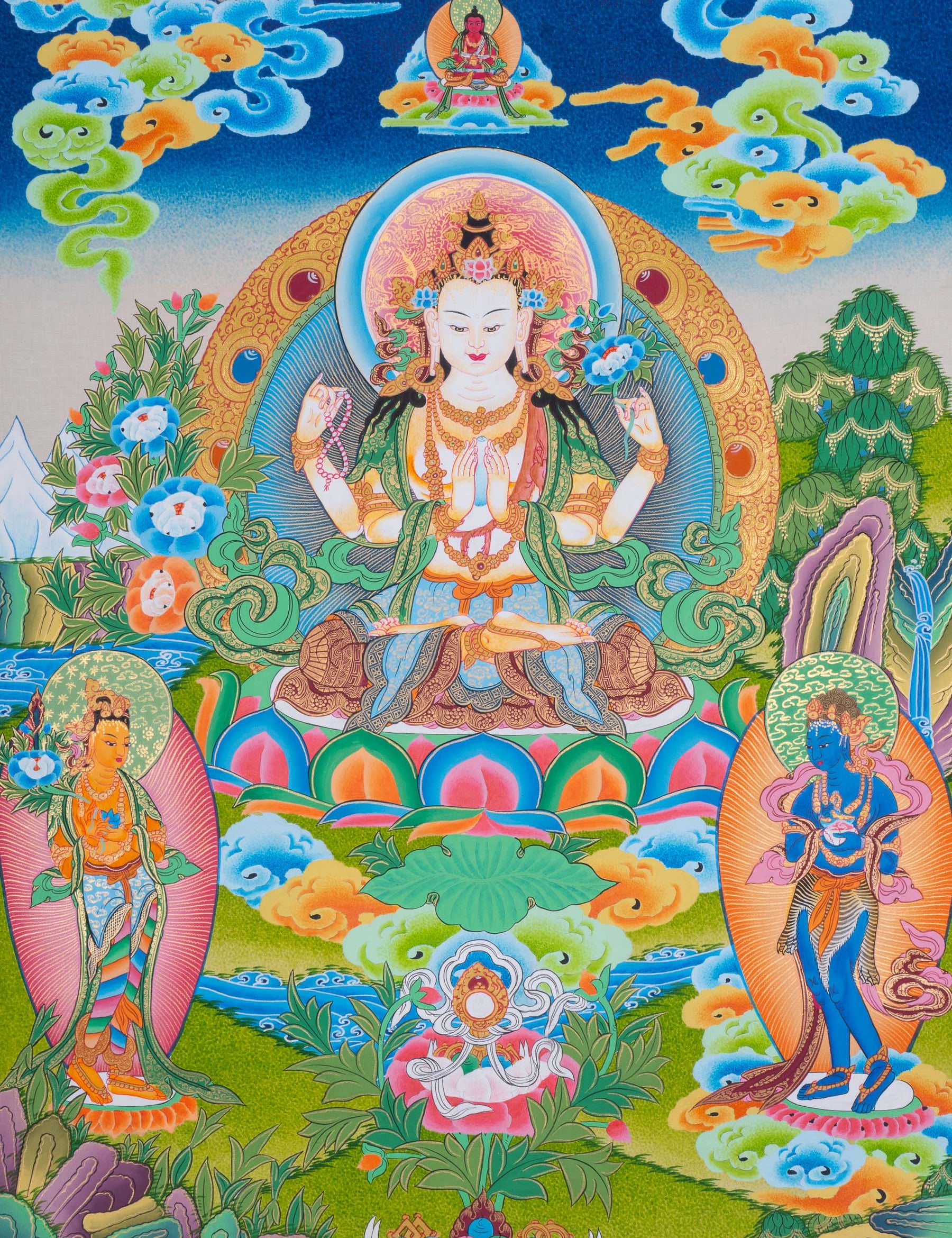 Chenrezig Thangka Painting with two deities