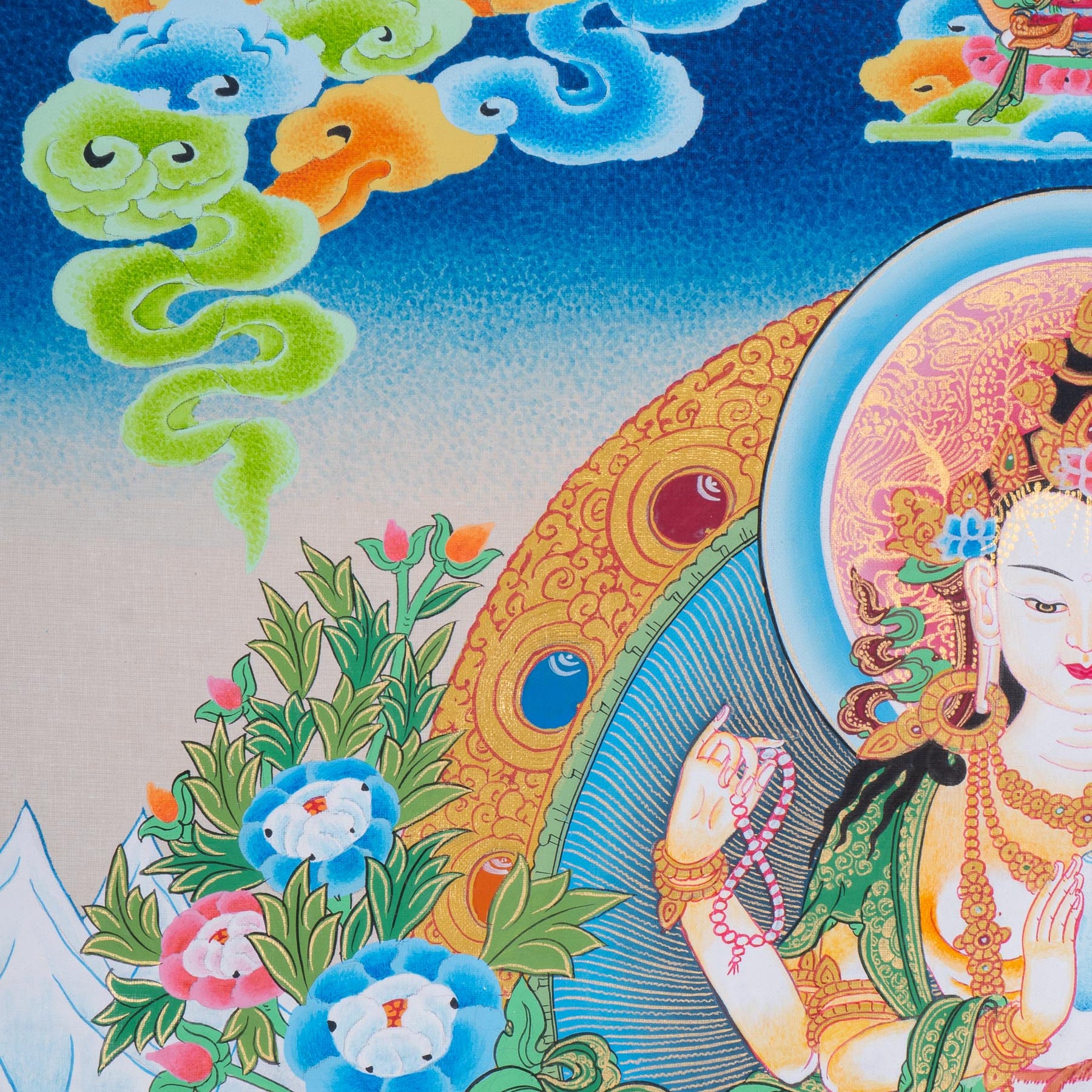 Chenrezig Thangka Painting with two deities