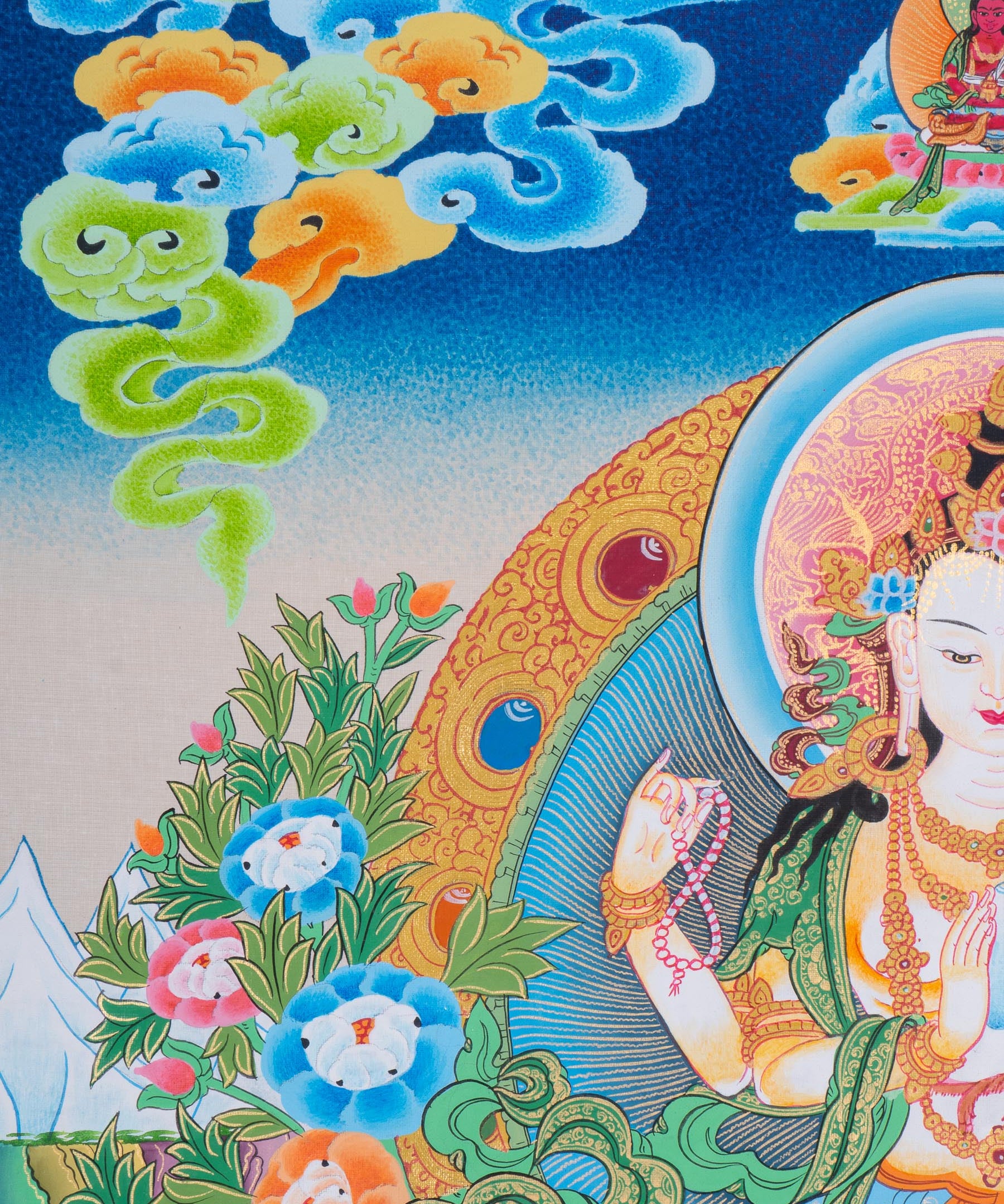 Chenrezig Thangka Painting with two deities