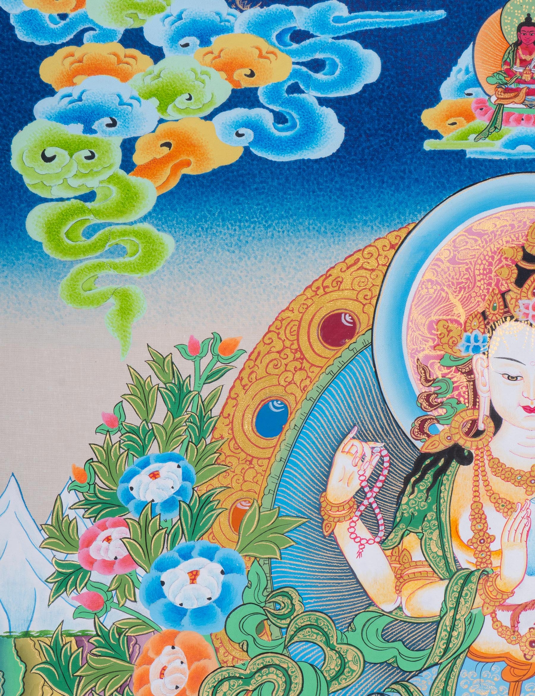 Chenrezig Thangka Painting with two deities