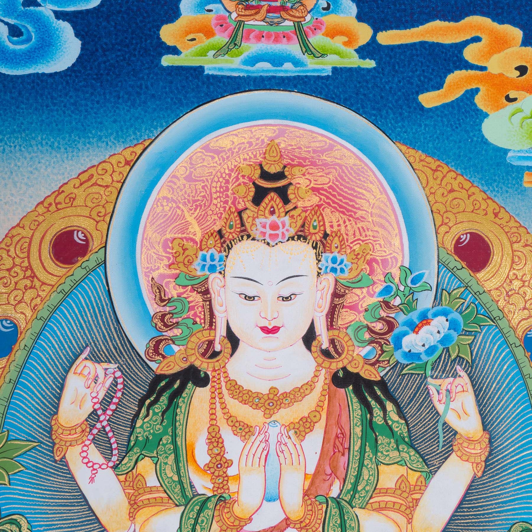 Chenrezig Thangka Painting with two deities