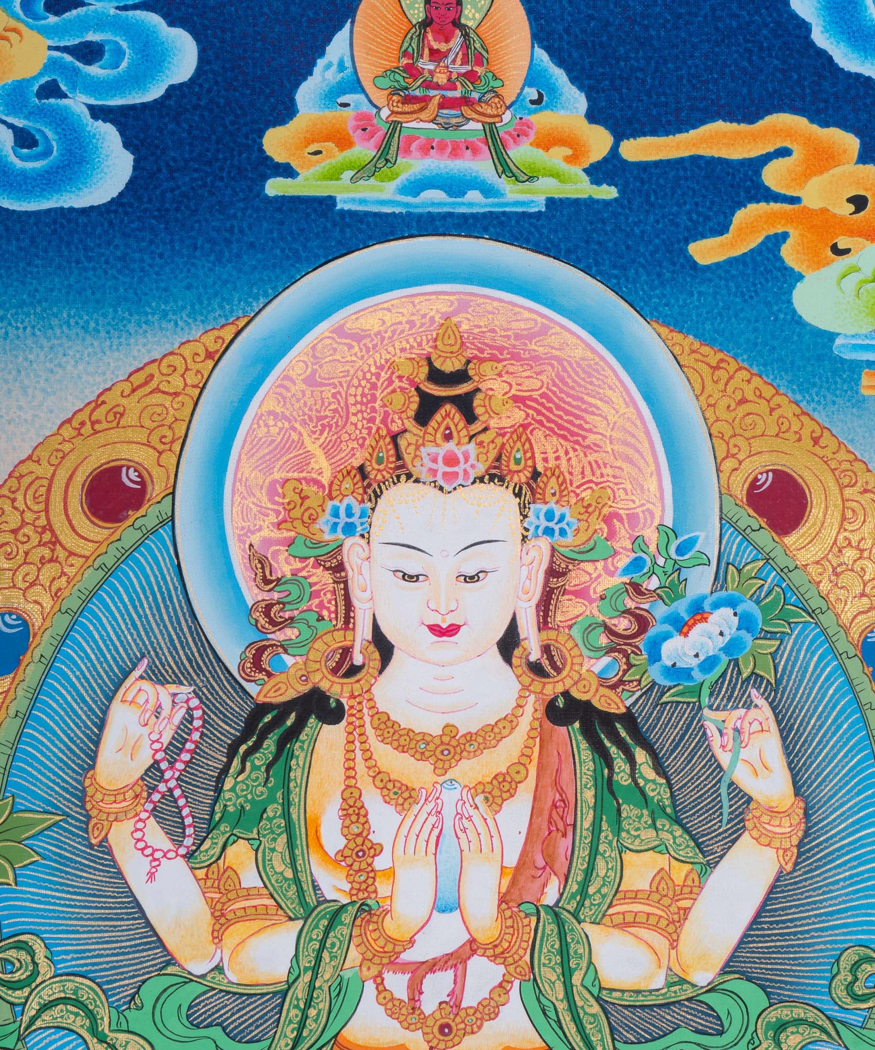 Chenrezig Thangka Painting with two deities