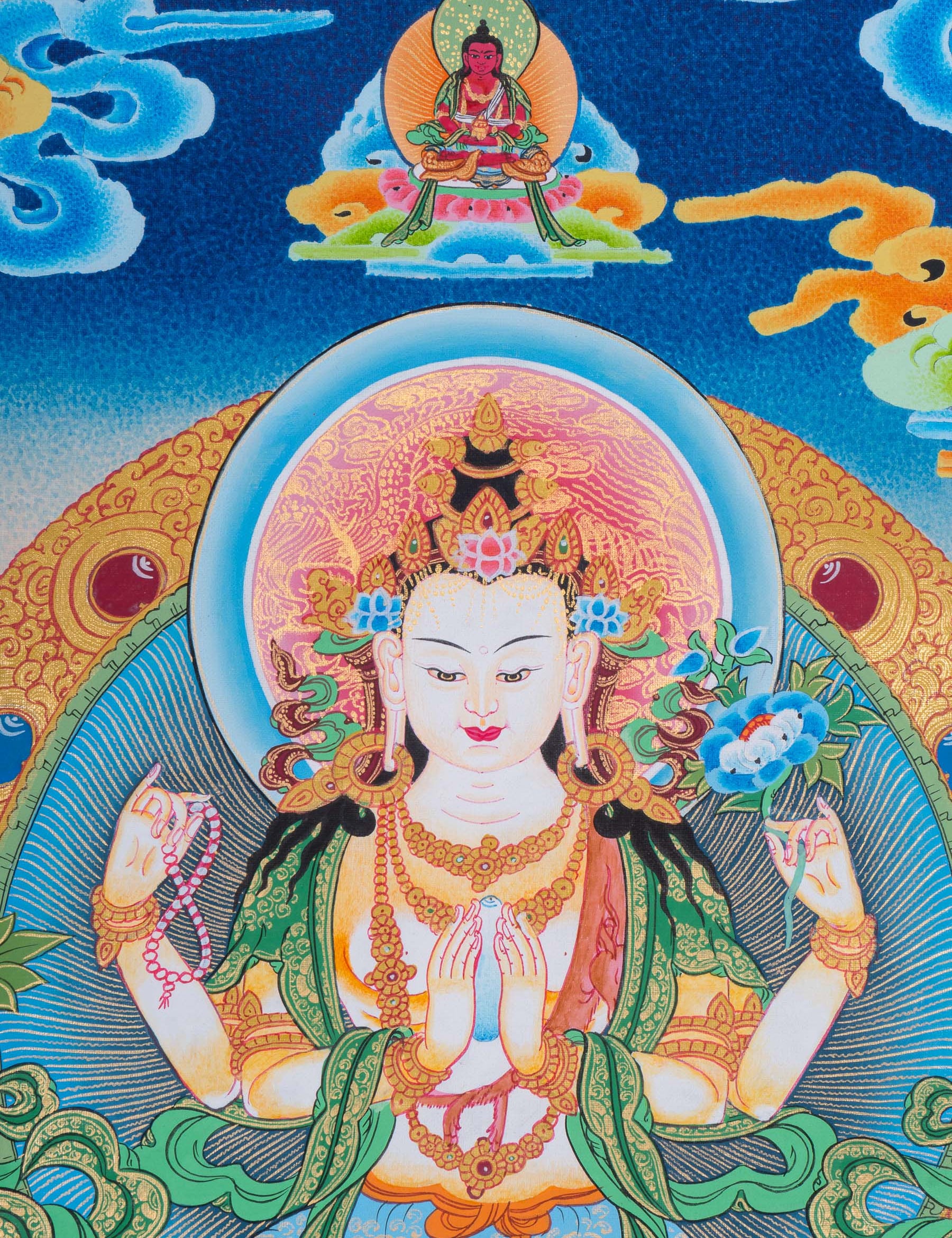 Chenrezig Thangka Painting with two deities