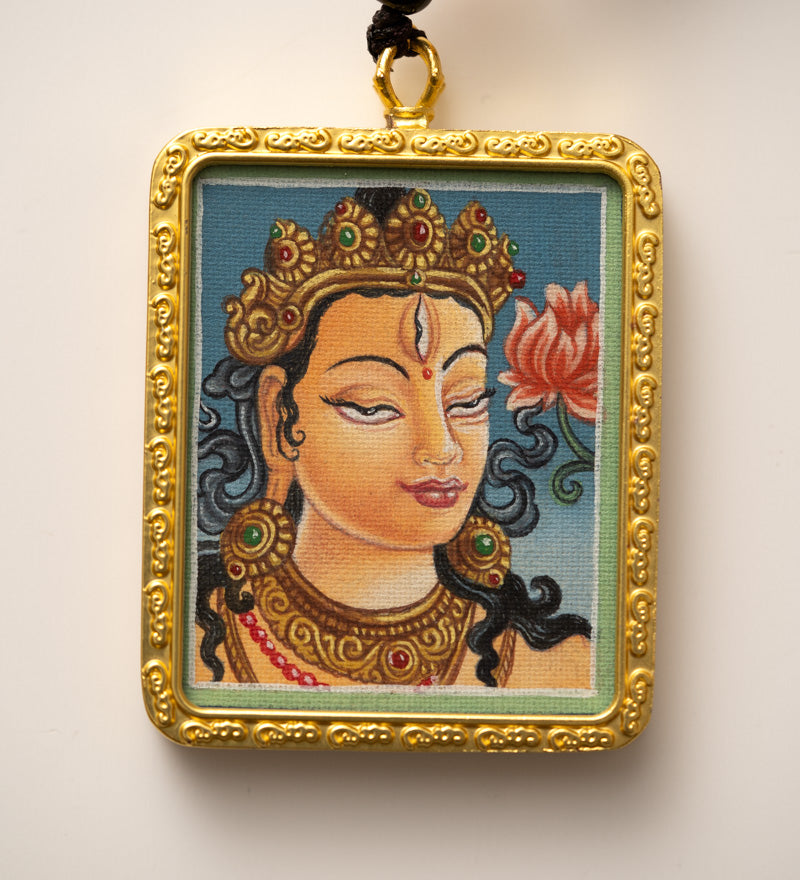 White Tara Ghau Thangka with Locket - Spiritual Pendant