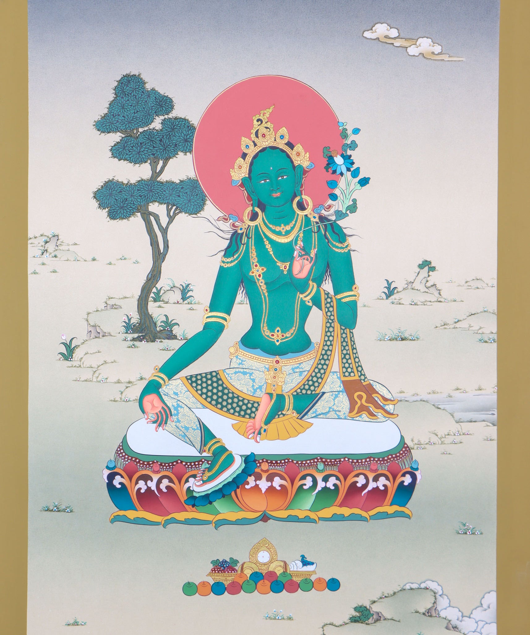 Green Tara thangka is a holy depiction of the famed Buddhist goddess.