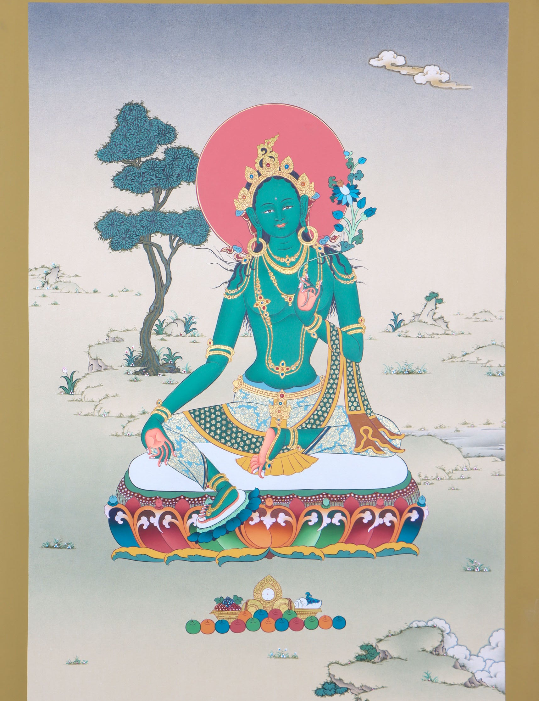 Green Tara thangka is a holy depiction of the famed Buddhist goddess.