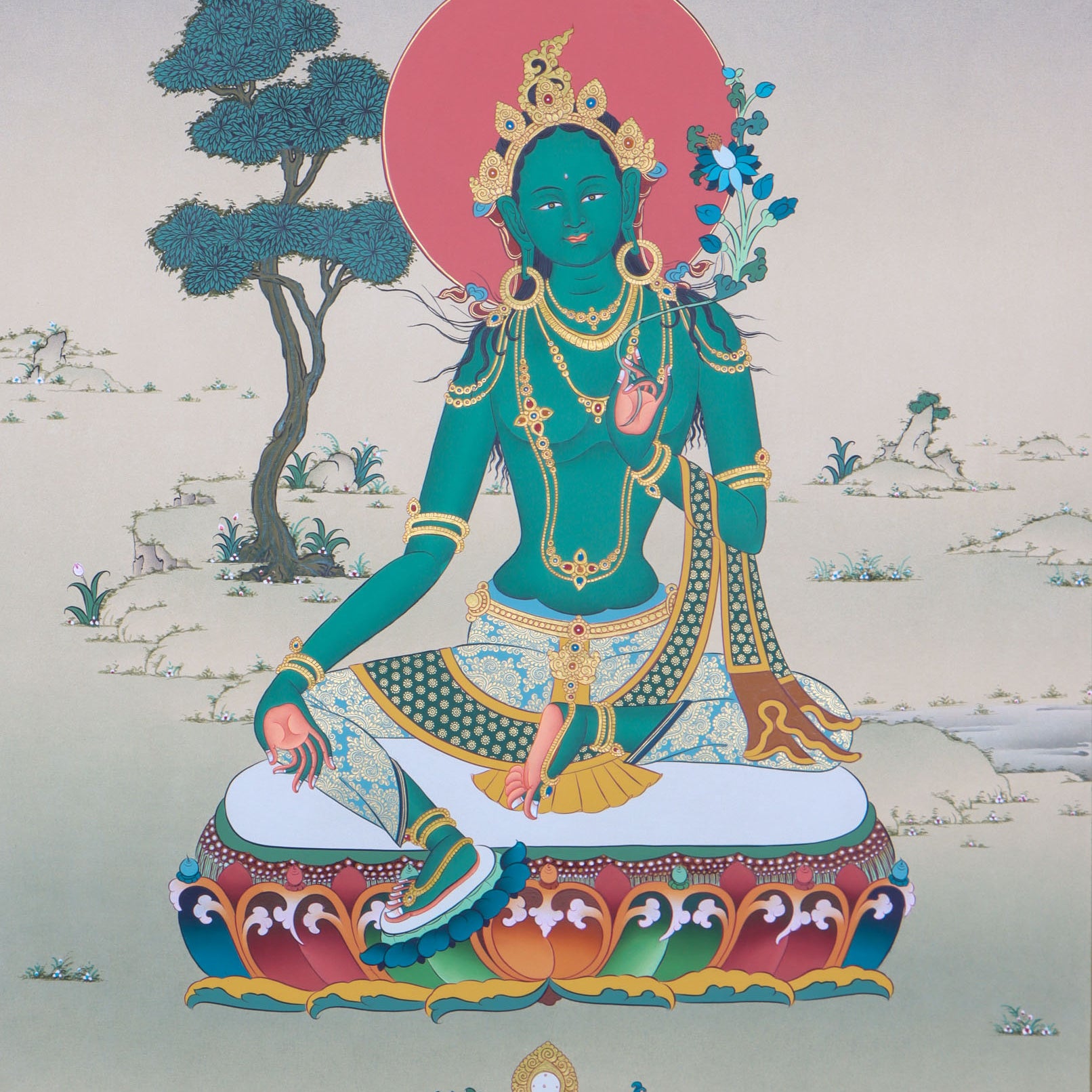 Green Tara thangka is a holy depiction of the famed Buddhist goddess, karma gadari design