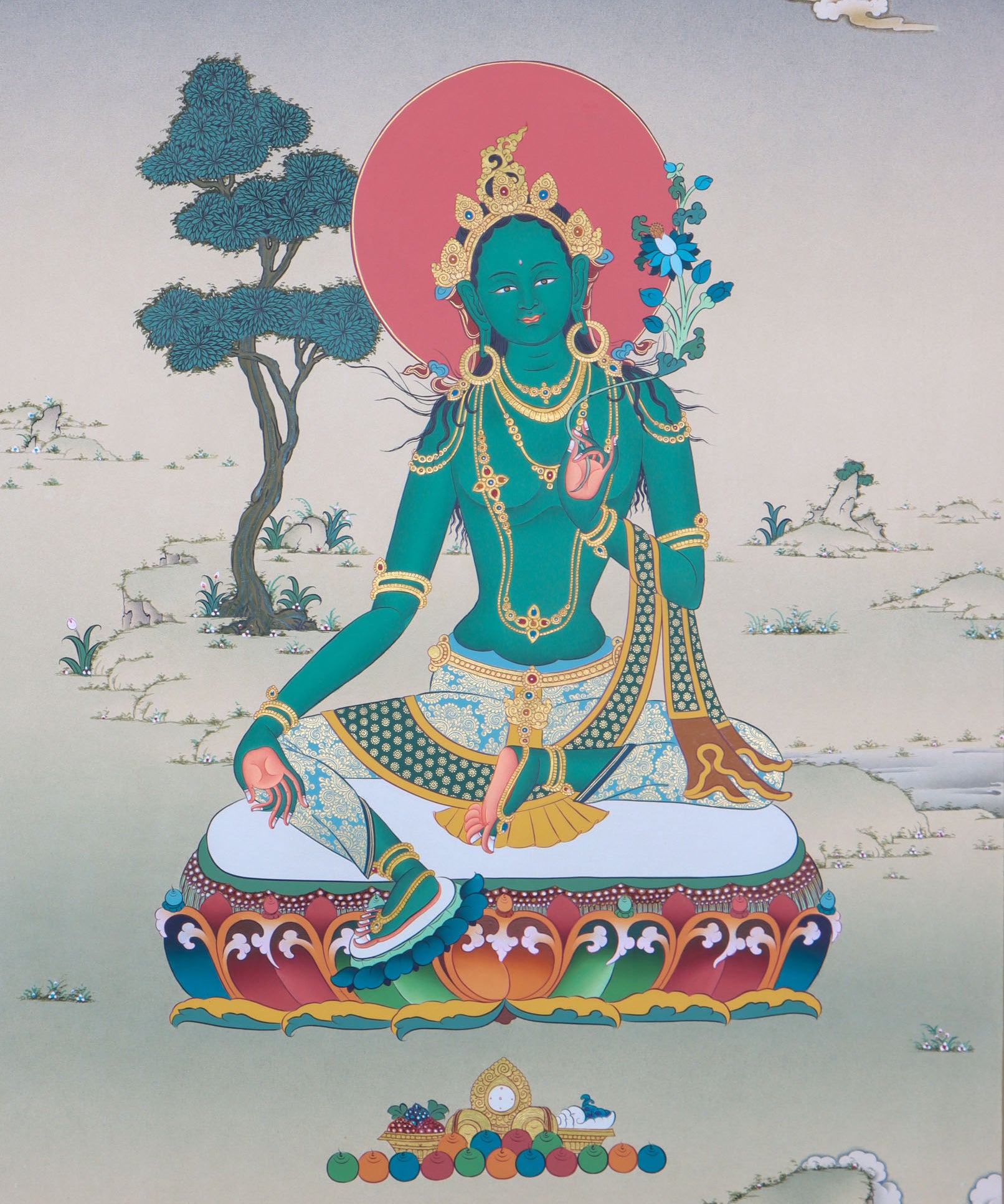 Green Tara thangka is a holy depiction of the famed Buddhist goddess, karma gadari design