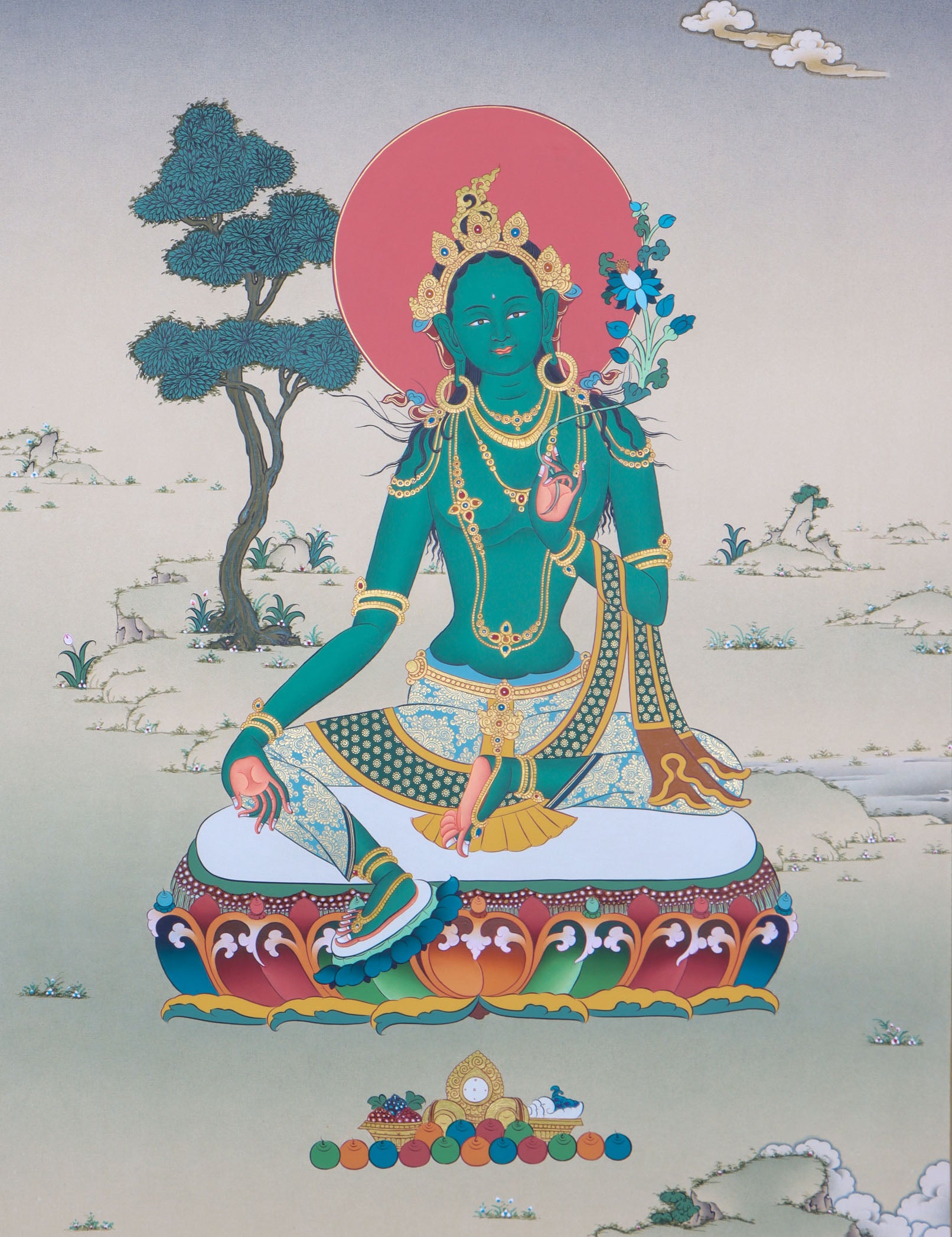 Green Tara thangka is a holy depiction of the famed Buddhist goddess, karma gadari design