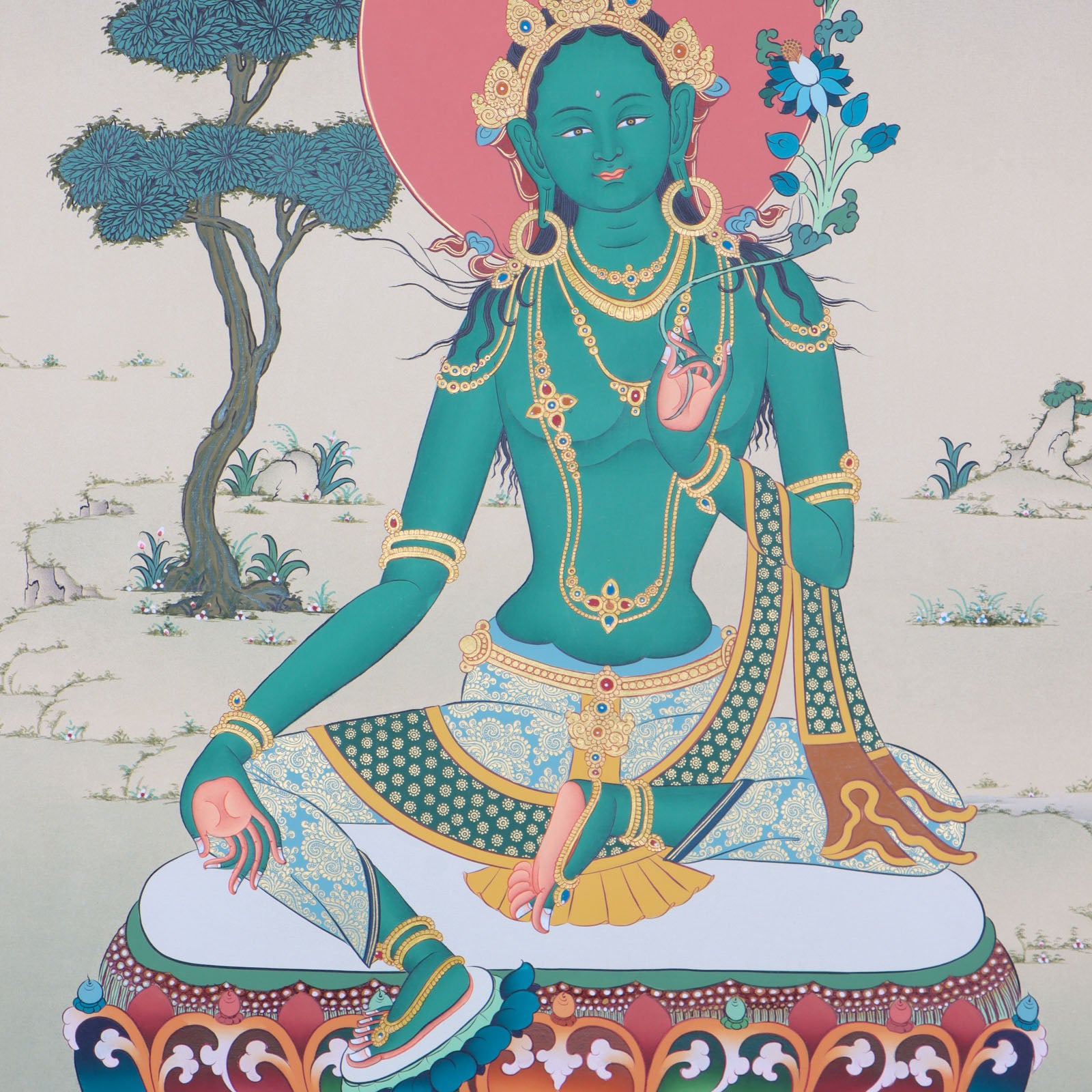 Green Tara thangka is a holy depiction of the famed Buddhist goddess