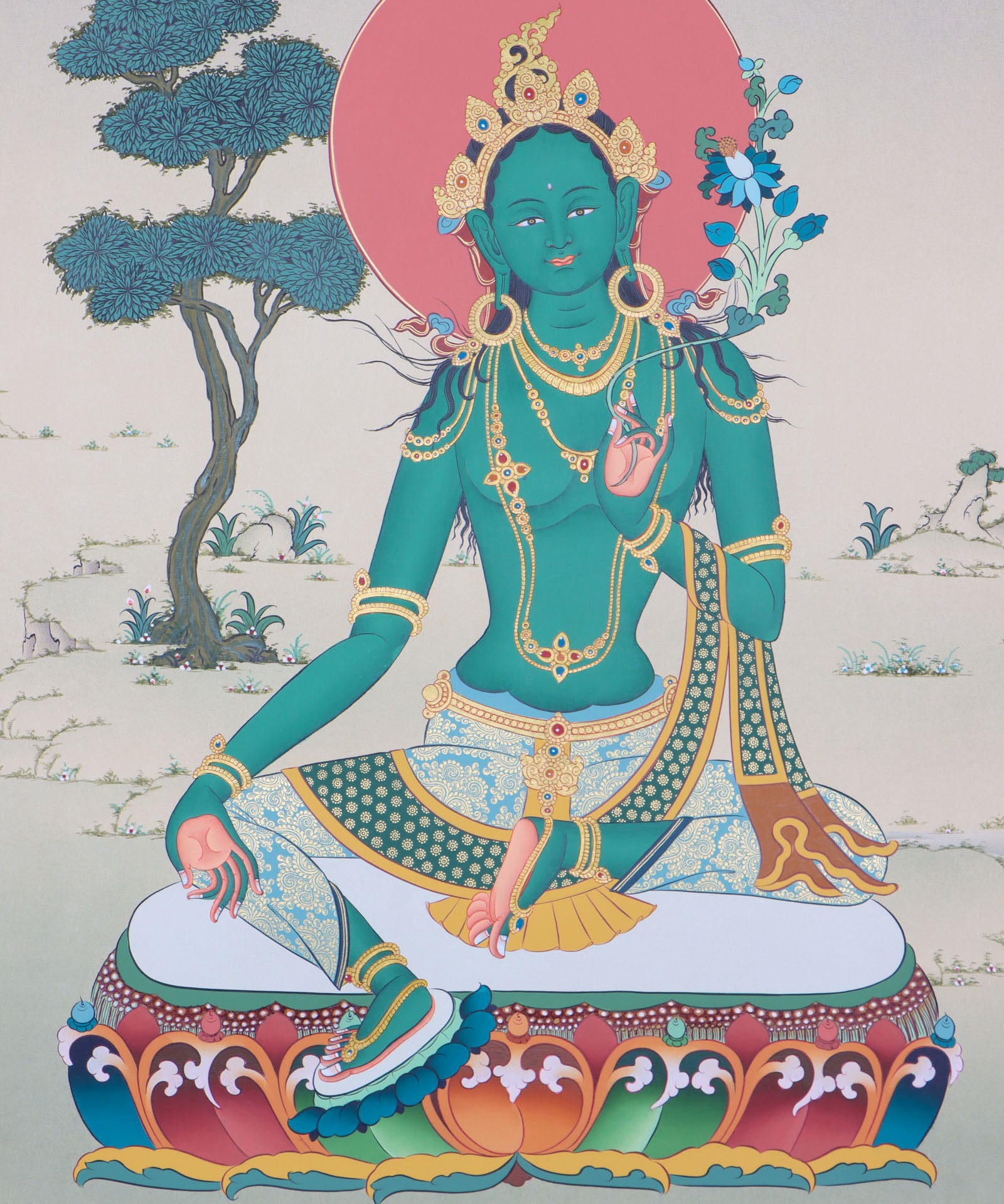 Green Tara thangka is a holy depiction of the famed Buddhist goddess