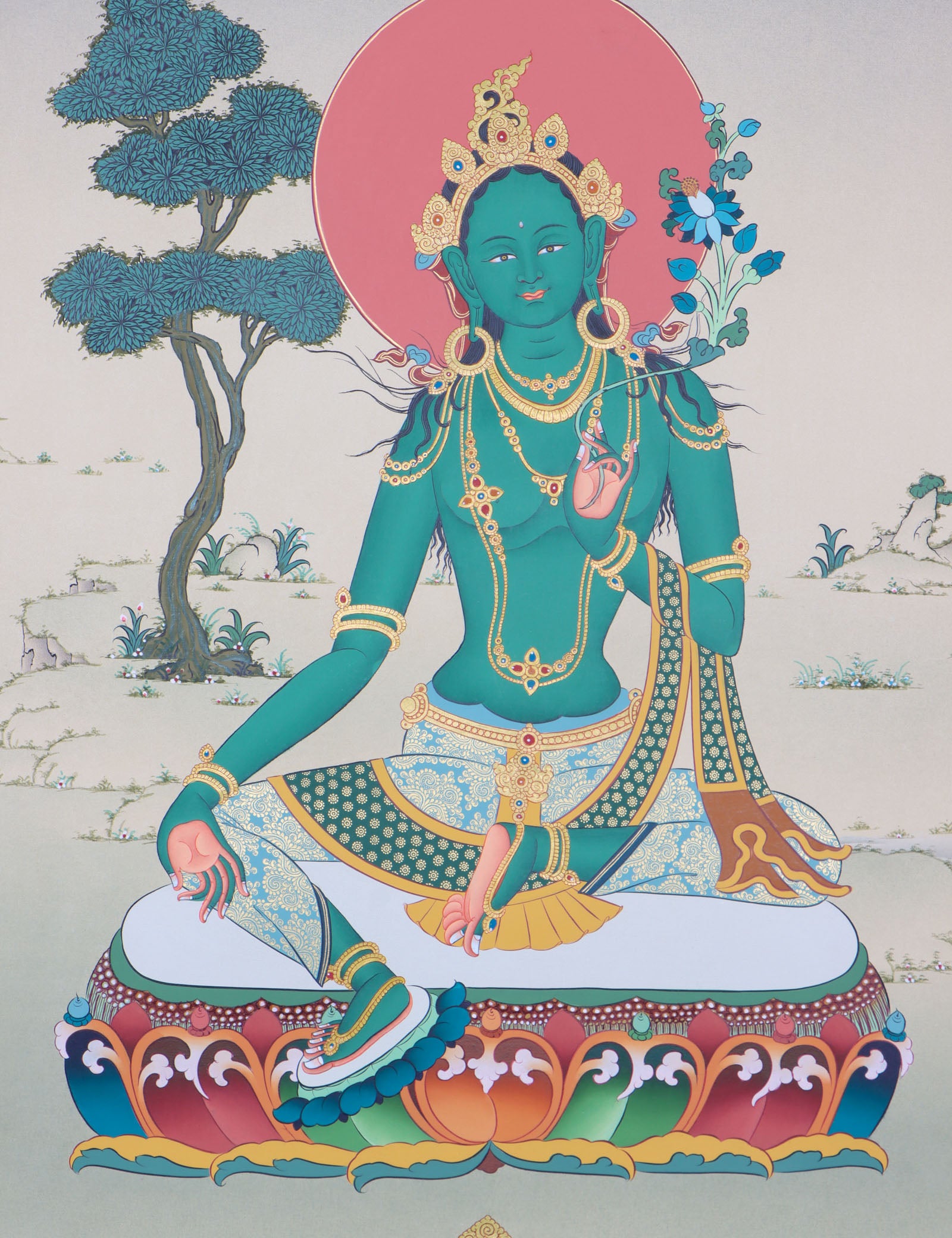 Green Tara thangka is a holy depiction of the famed Buddhist goddess