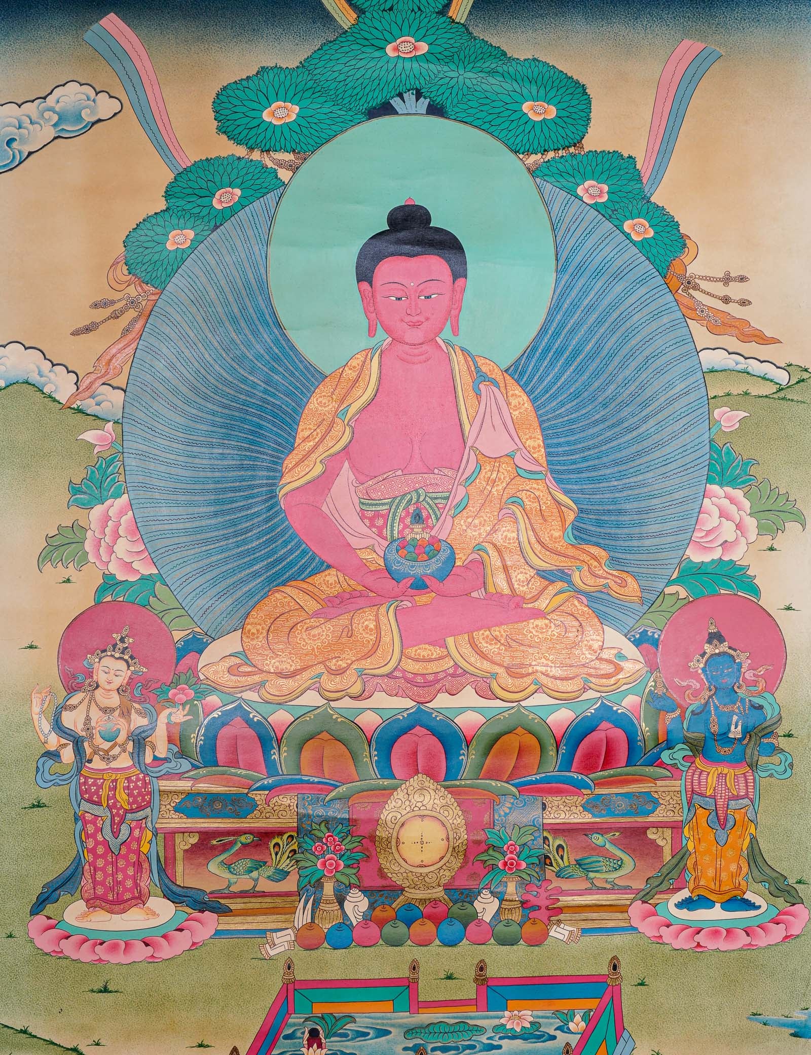 Antique Amitabha Buddha Thangka - Tibetan Painting 