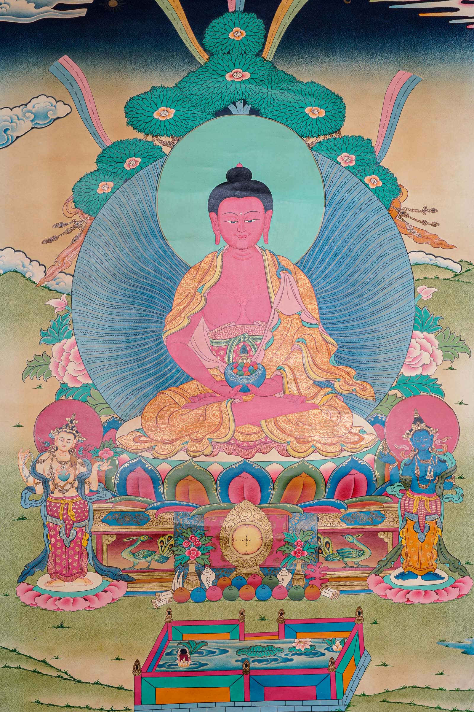 Antique Amitabha Buddha Thangka - Tibetan Painting 