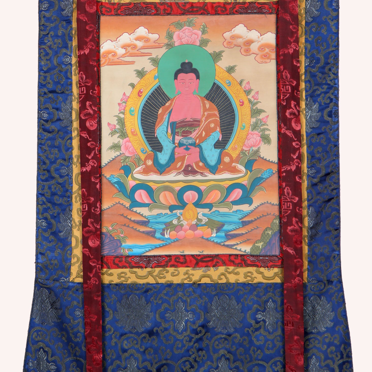 Amitabha Brocade Thangka Painting for rituals and ceremonies.