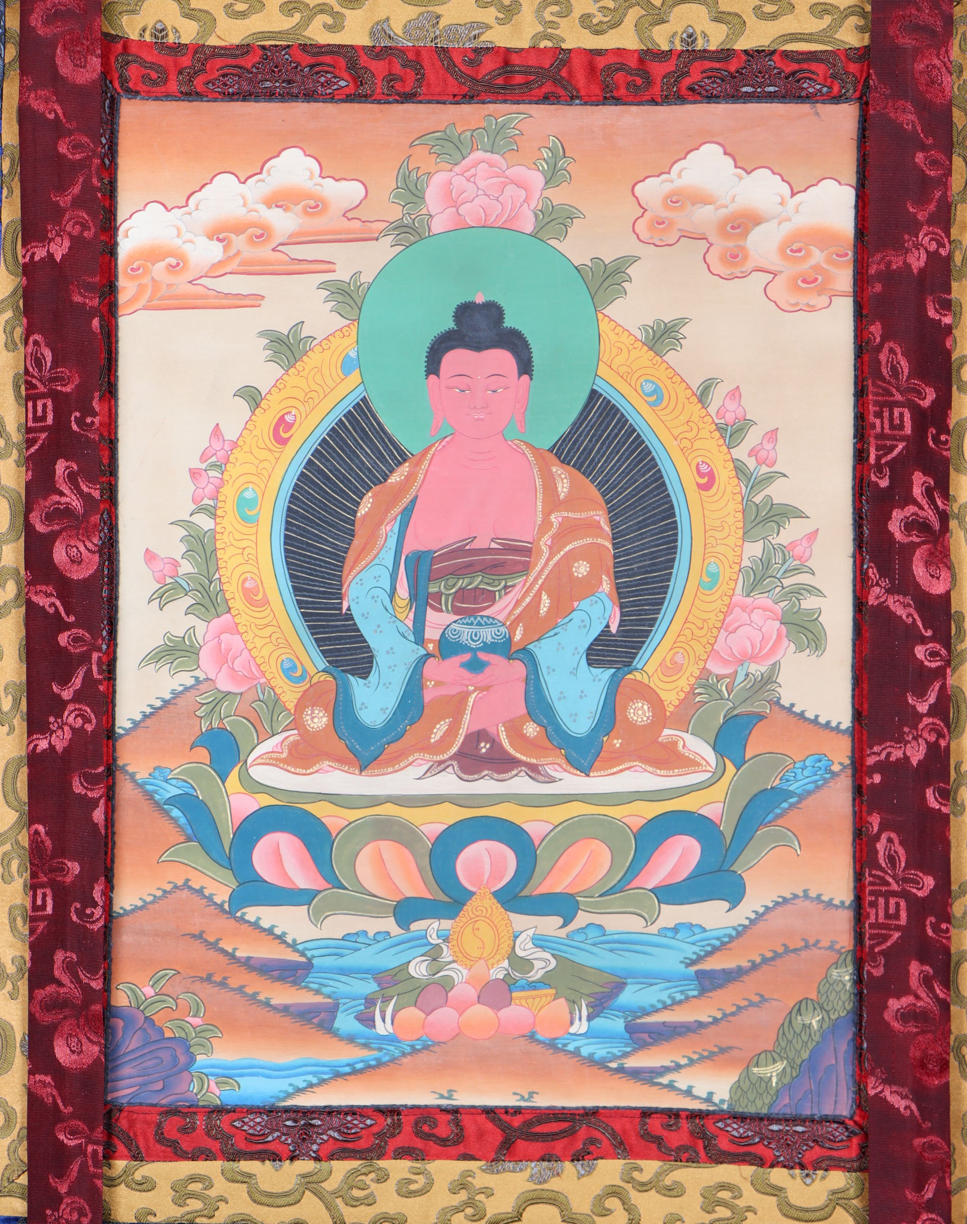 Amitabha Brocade Thangka Painting for rituals and ceremonies.