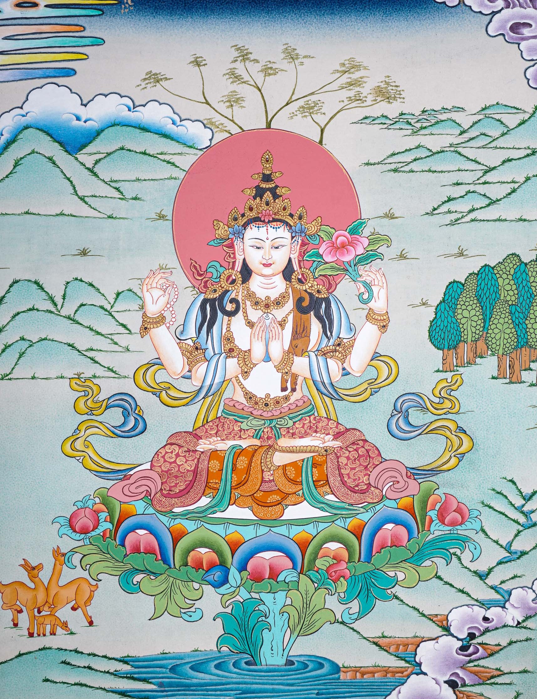 Chengresi Thangka painting on canvas - Himalayas Shop