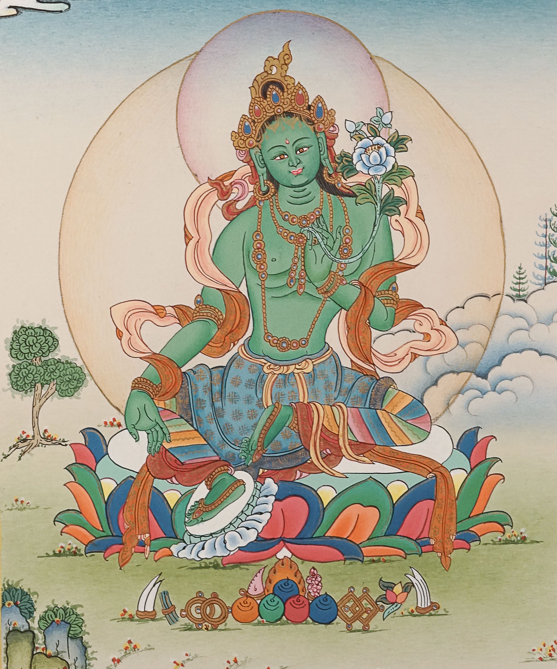 Green Tara Thangka Painting for wall hanging decor.